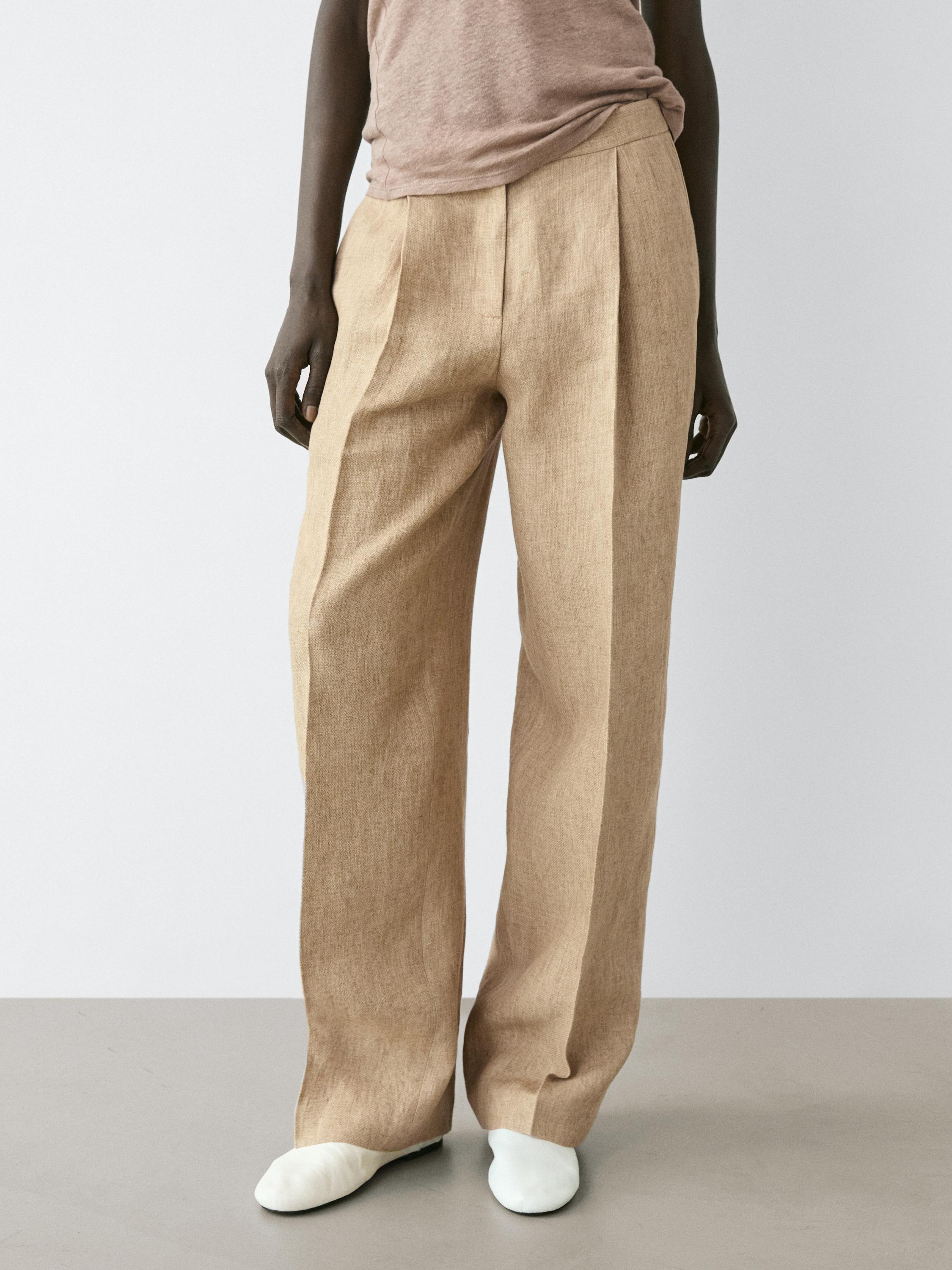 Flowing linen trousers with darts — BEIGE