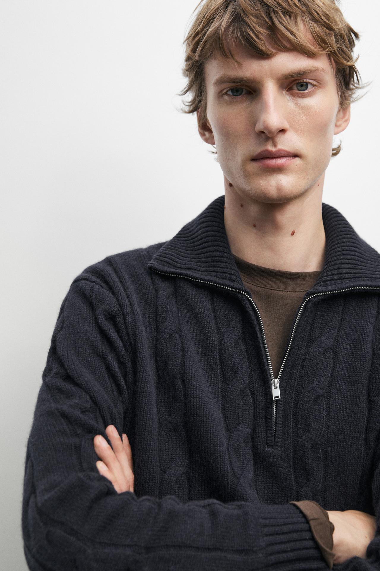 Cable knit mock neck sweater — NAVY BLUE