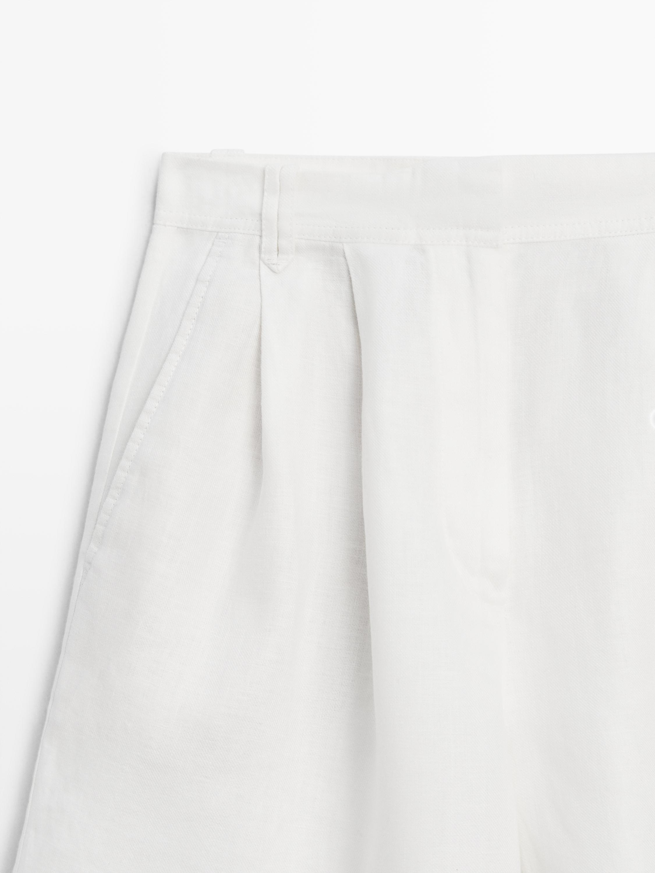 100% linen short pleated Bermuda shorts — WHITE