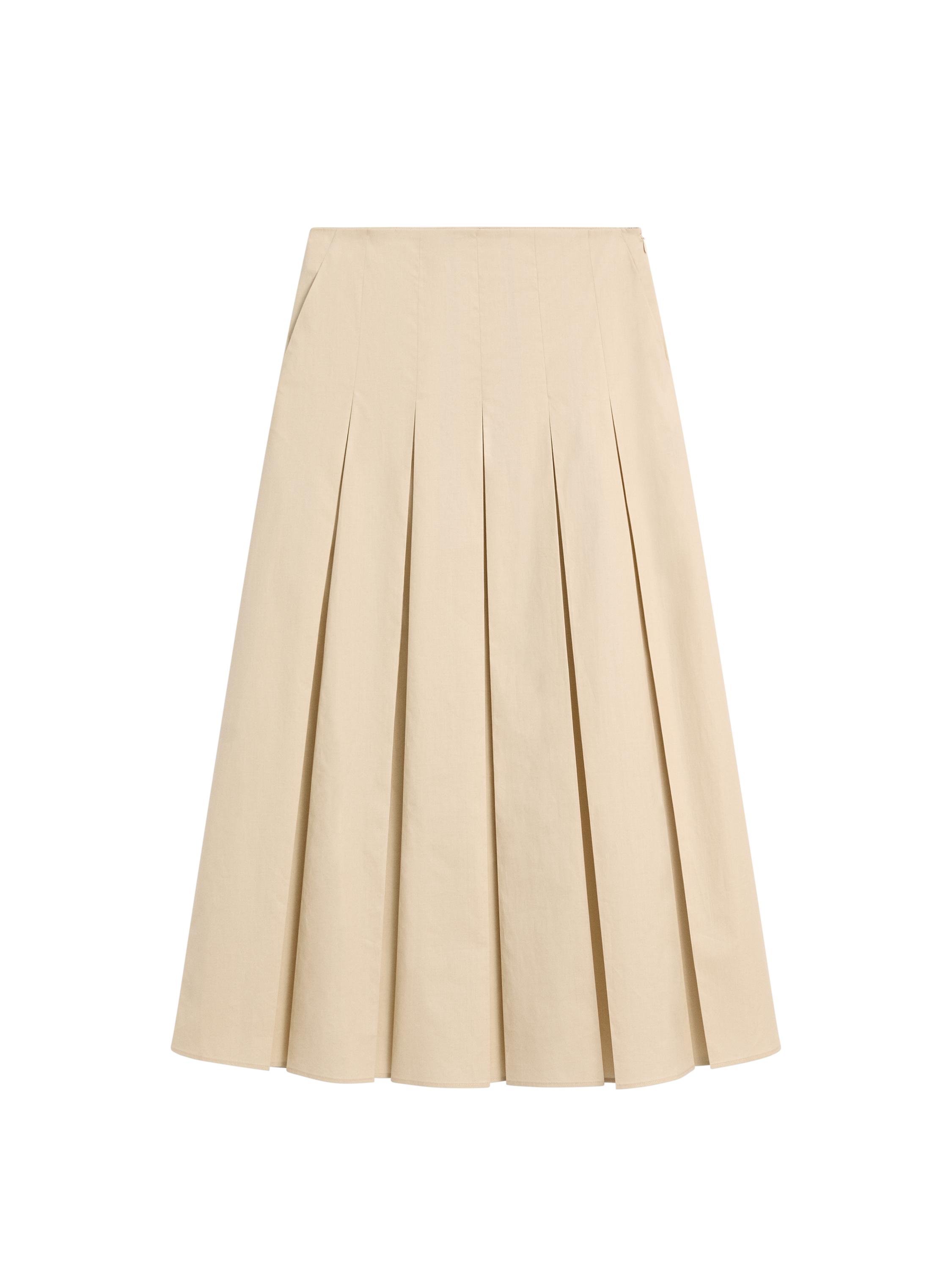 Cotton box pleat midi skirt — SAND