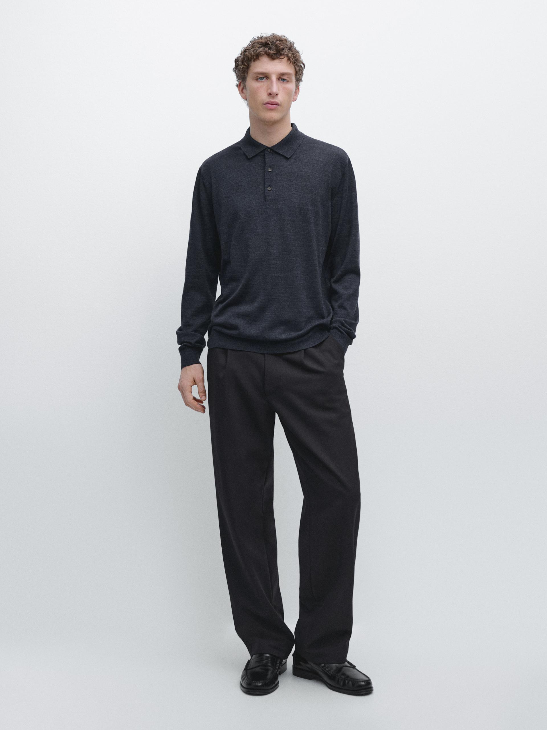 Camisola De Malha Com Gola De Polo 100% Lã - Marinho Escuro - M - Massimo Dutti - Homem