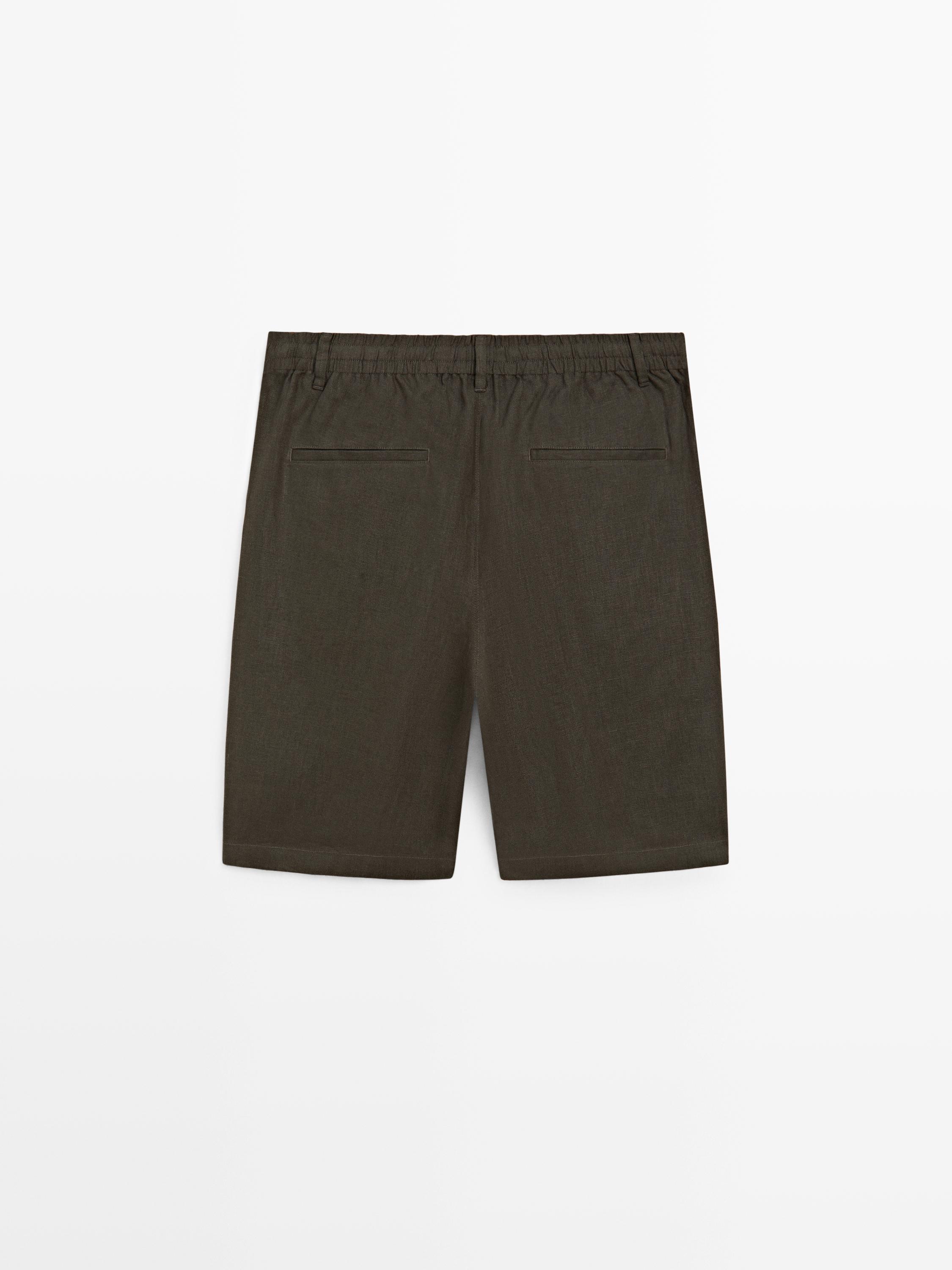 Elastik detaylı keten bermuda şort, total look