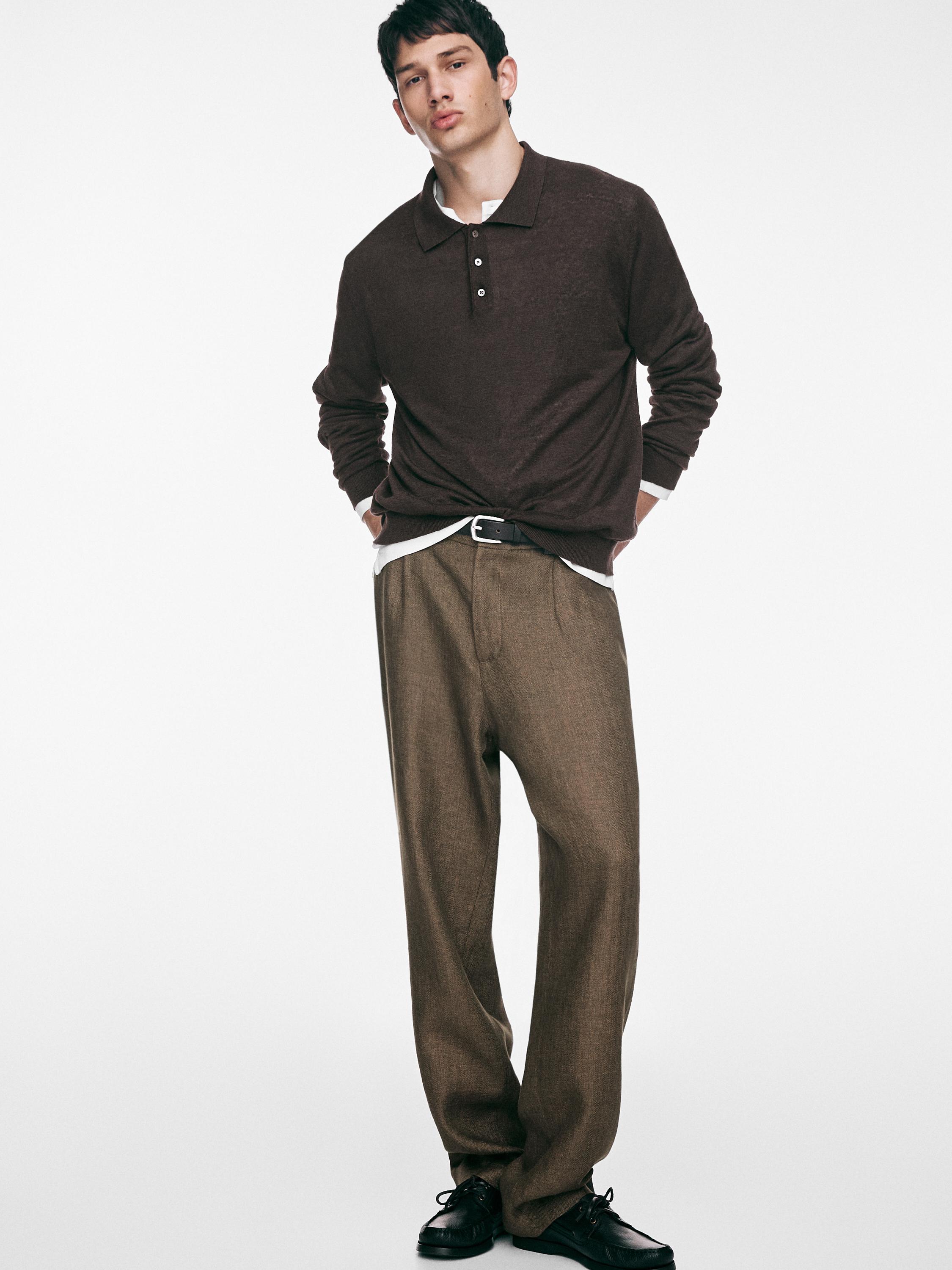 100% linen knit polo collar sweater — DARK BOTTLE GREEN