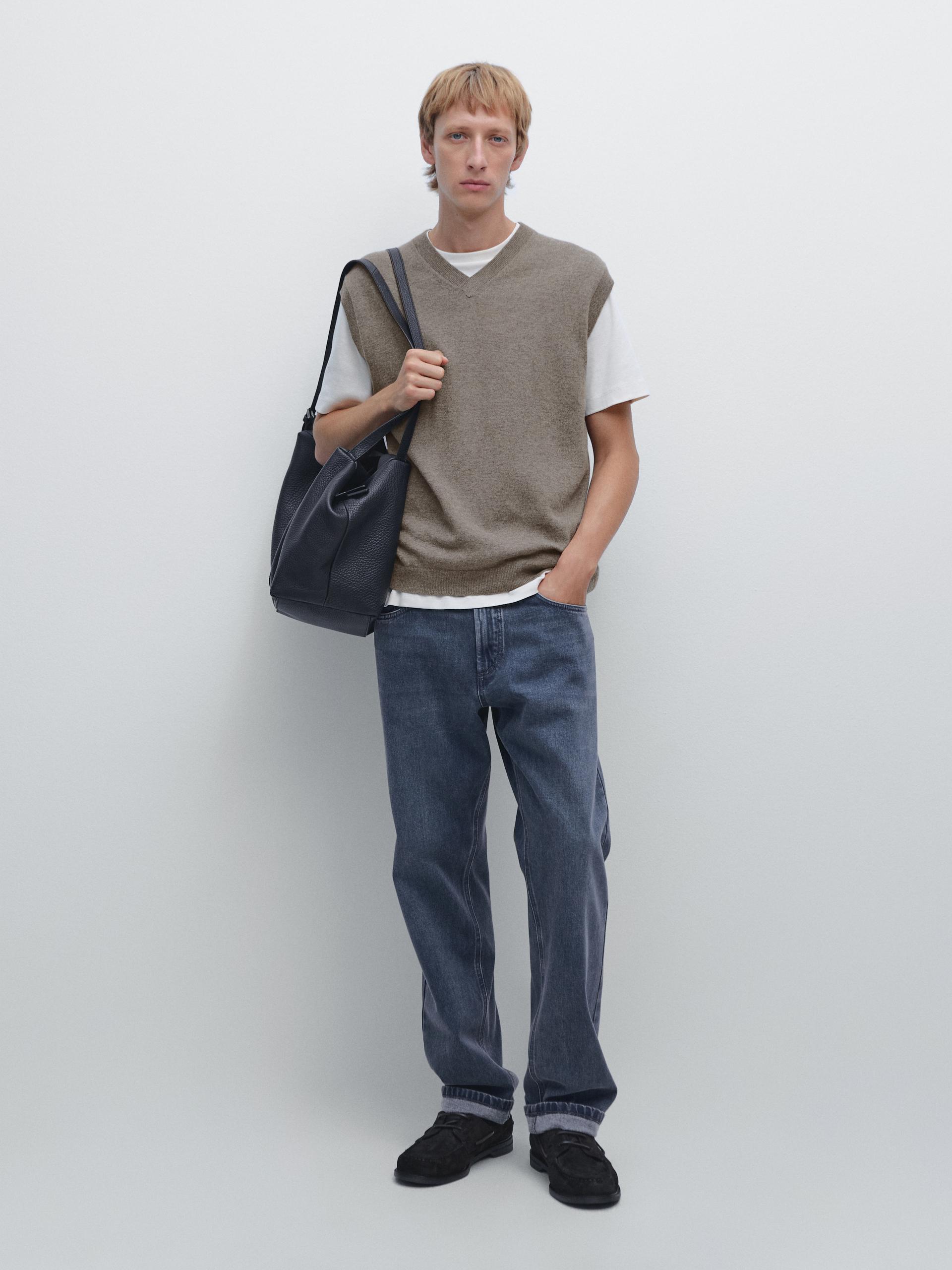 Veste Sans Manches À Col En V En Laine Mélangée - Kaki Sombre - M - Massimo Dutti - Homme