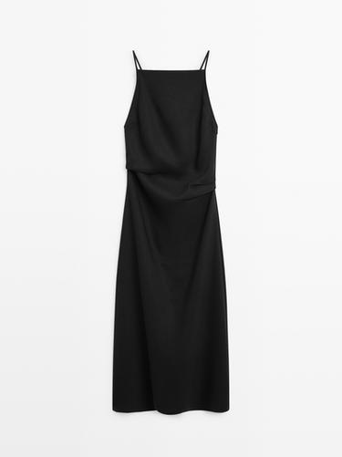 Linen blend spaghetti strap midi dress — BLACK 2