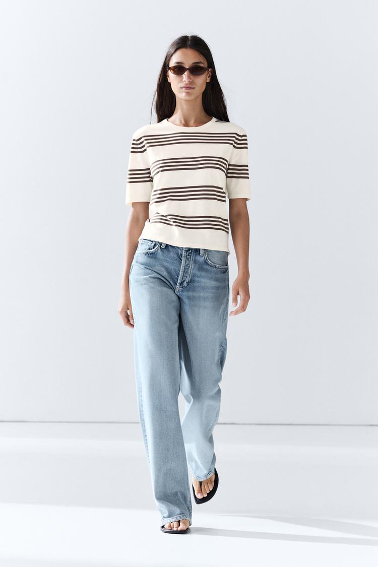 Striped short sleeve knit sweater — BROWN