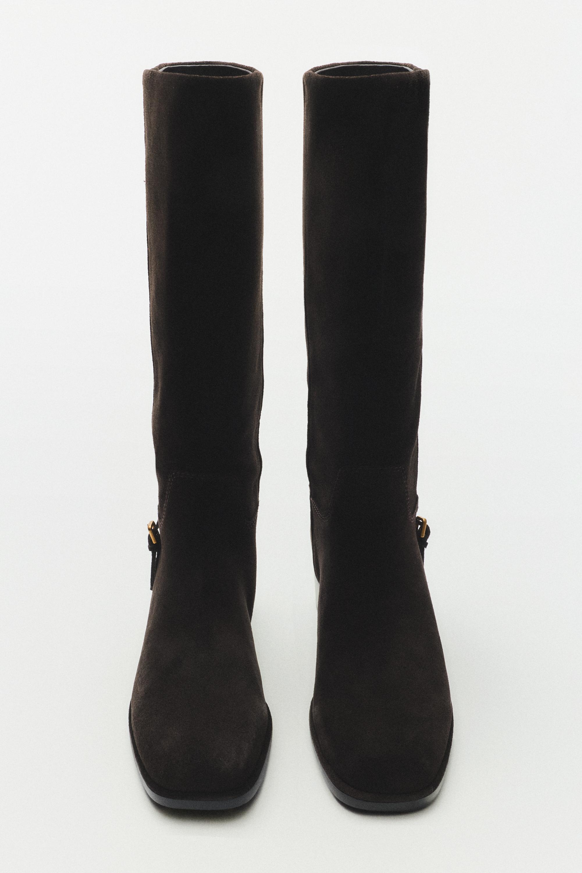 Split suede leather flat boots with side buckle — BROWN