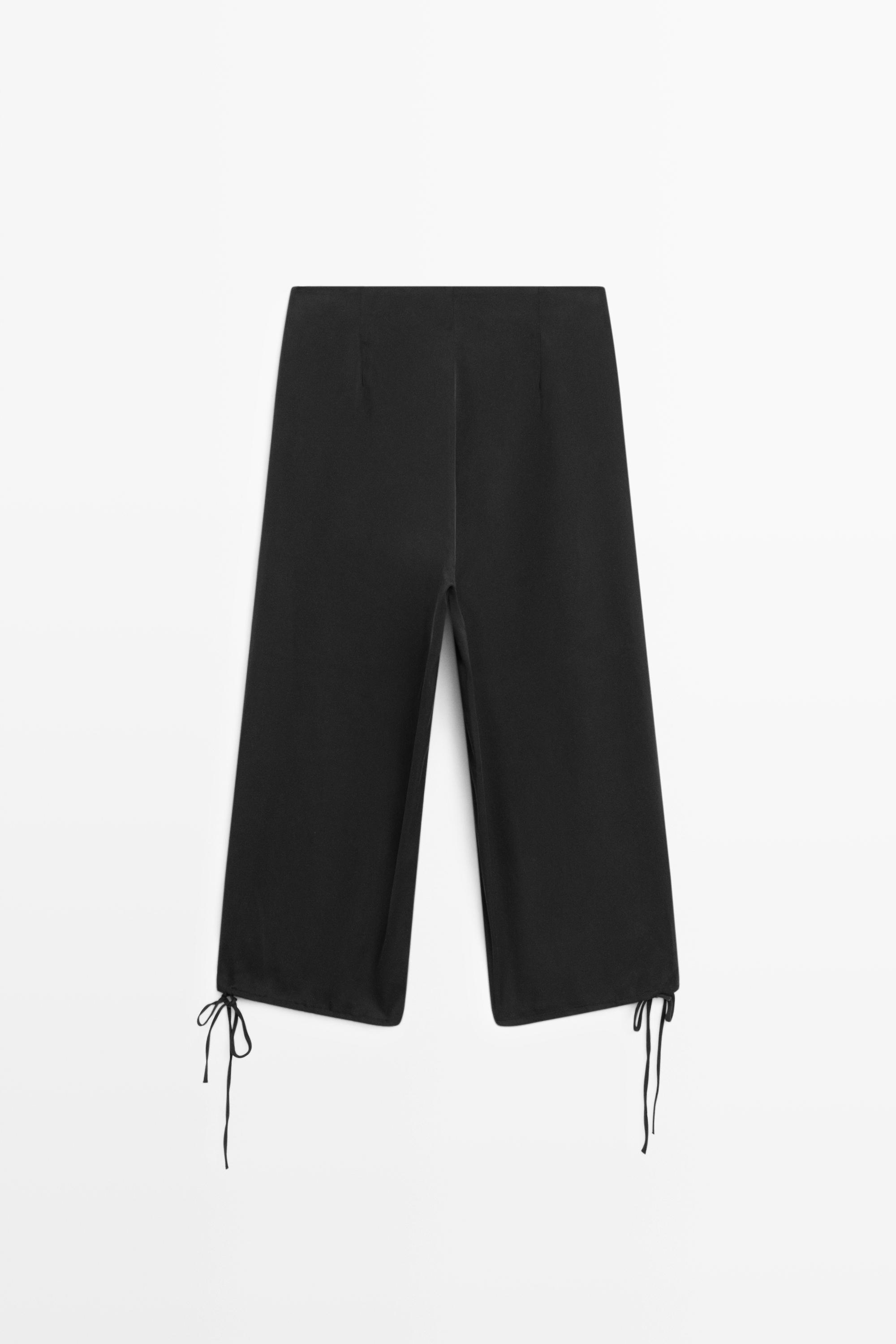 Silk blend tie-hem capri pants — BLACK