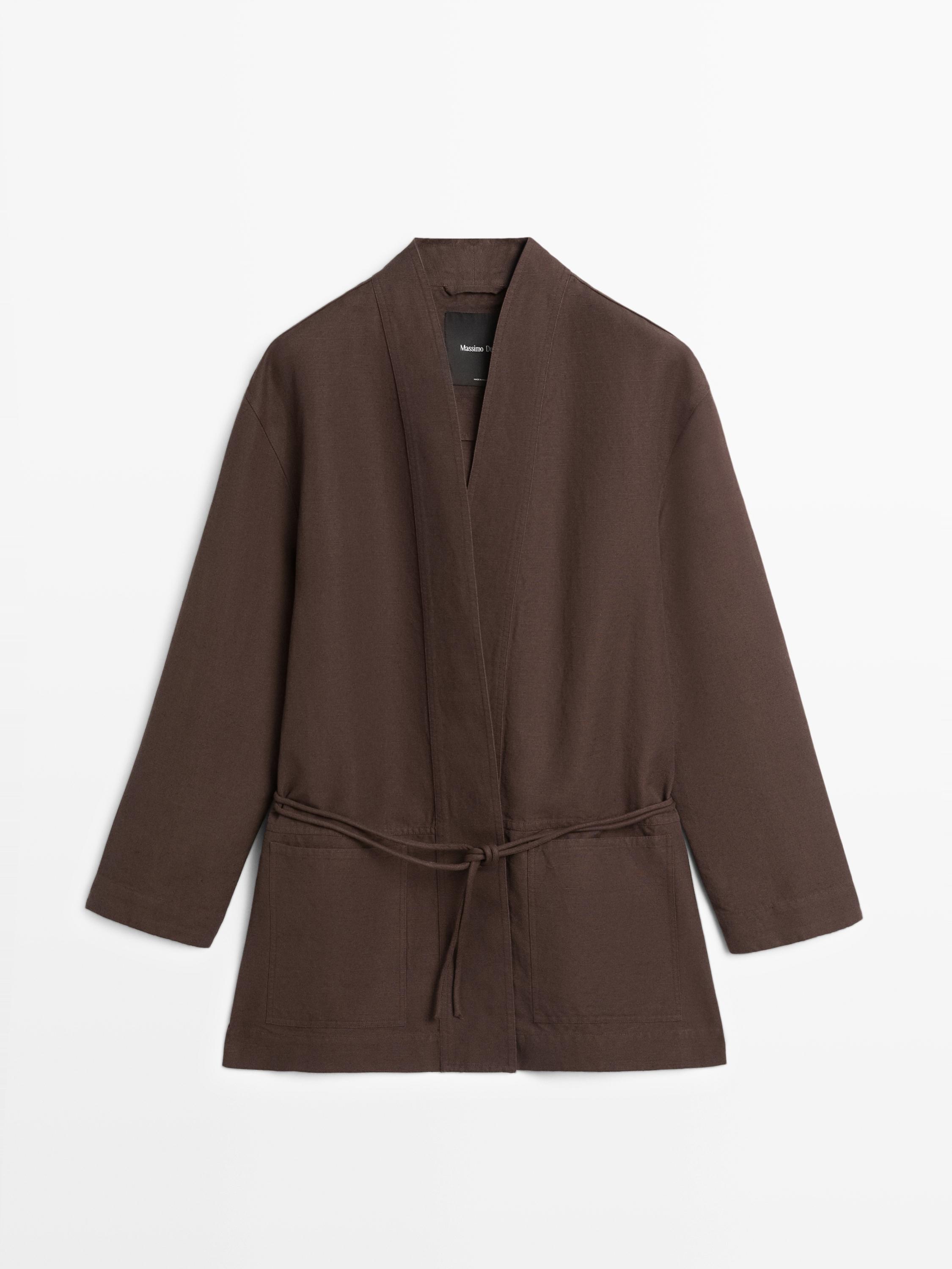 Linen blend kimono jacket with tie detail — Chocolate
