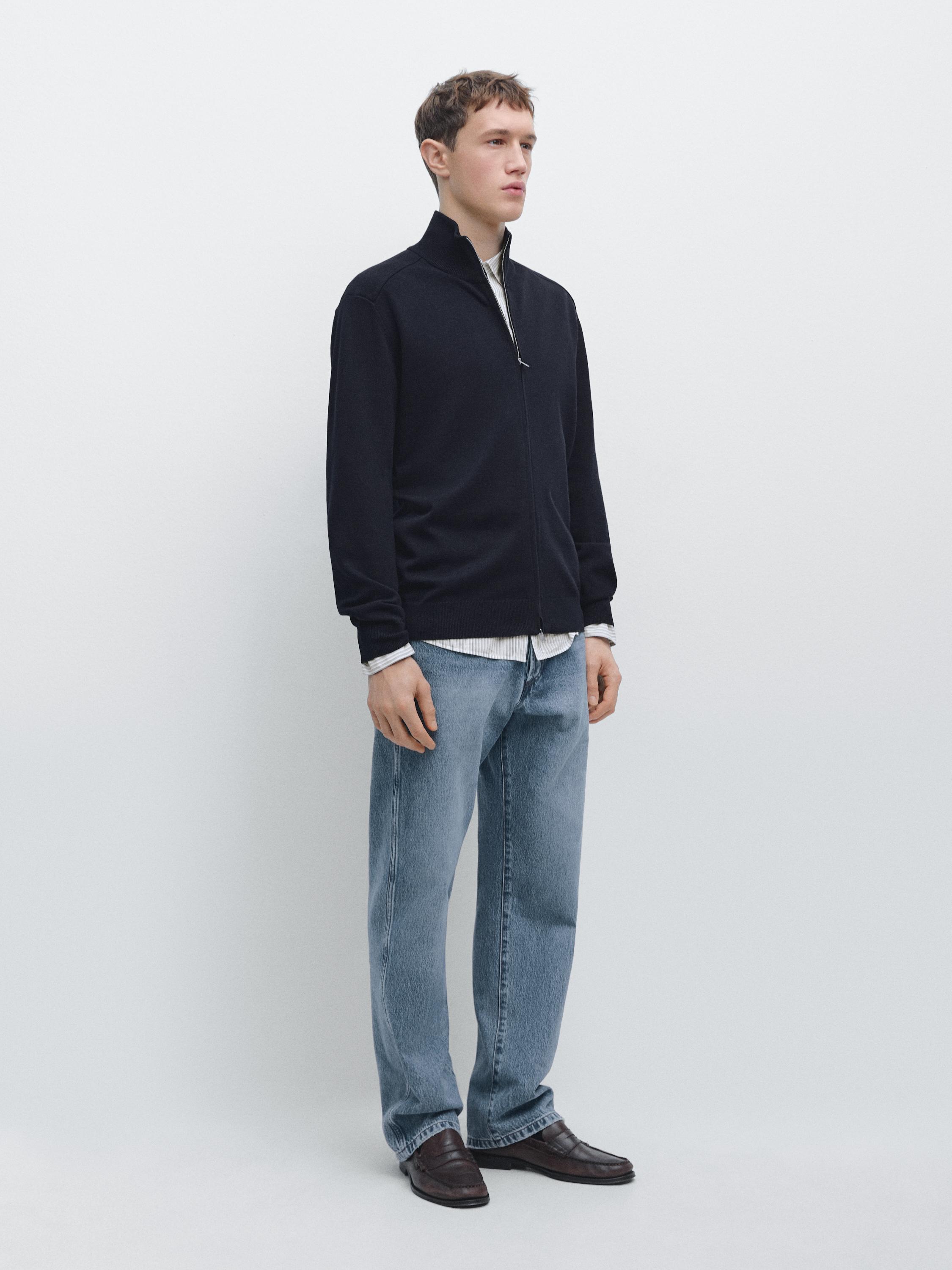 Cotton zip-up knit cardigan