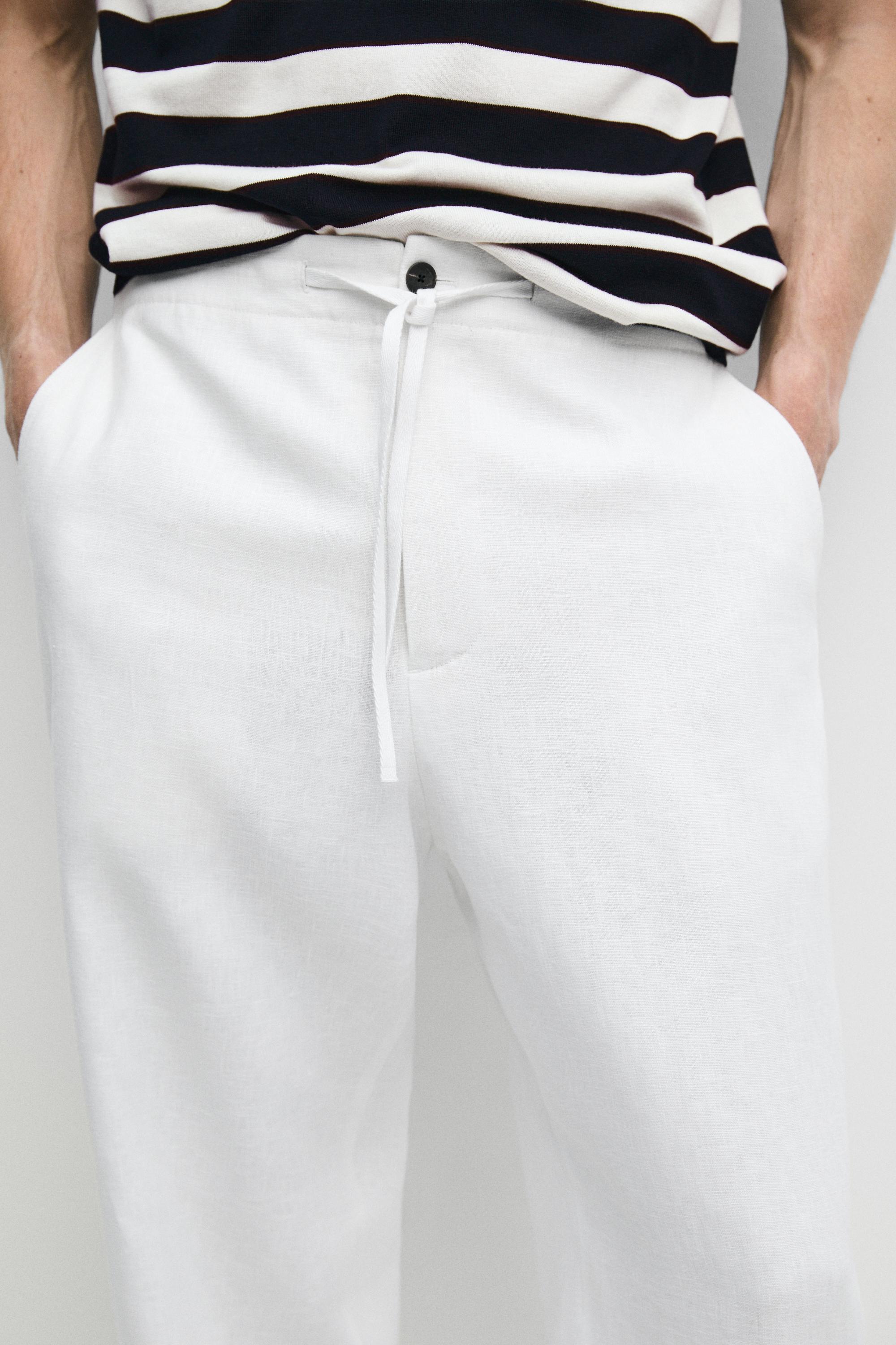100% linen jogger-fit pants — WHITE