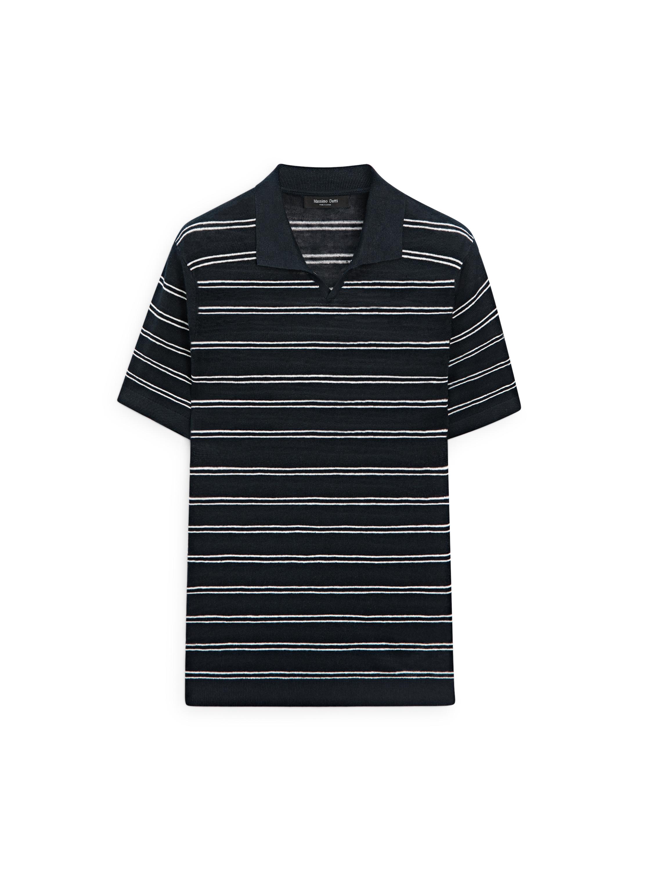 Striped 100% linen V-neck polo shirt — NAVY BLUE