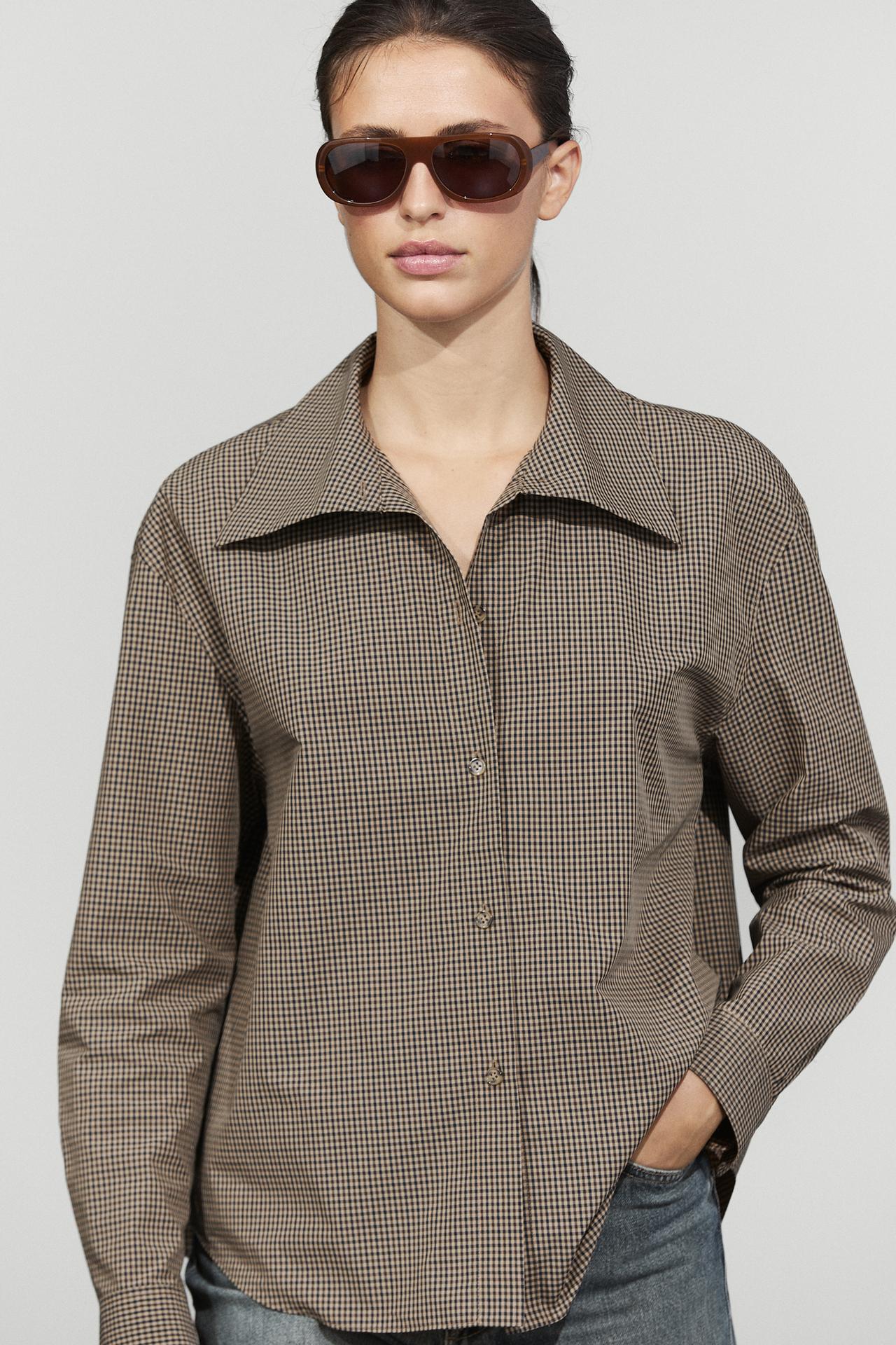 Cotton blend gingham shirt — BROWN