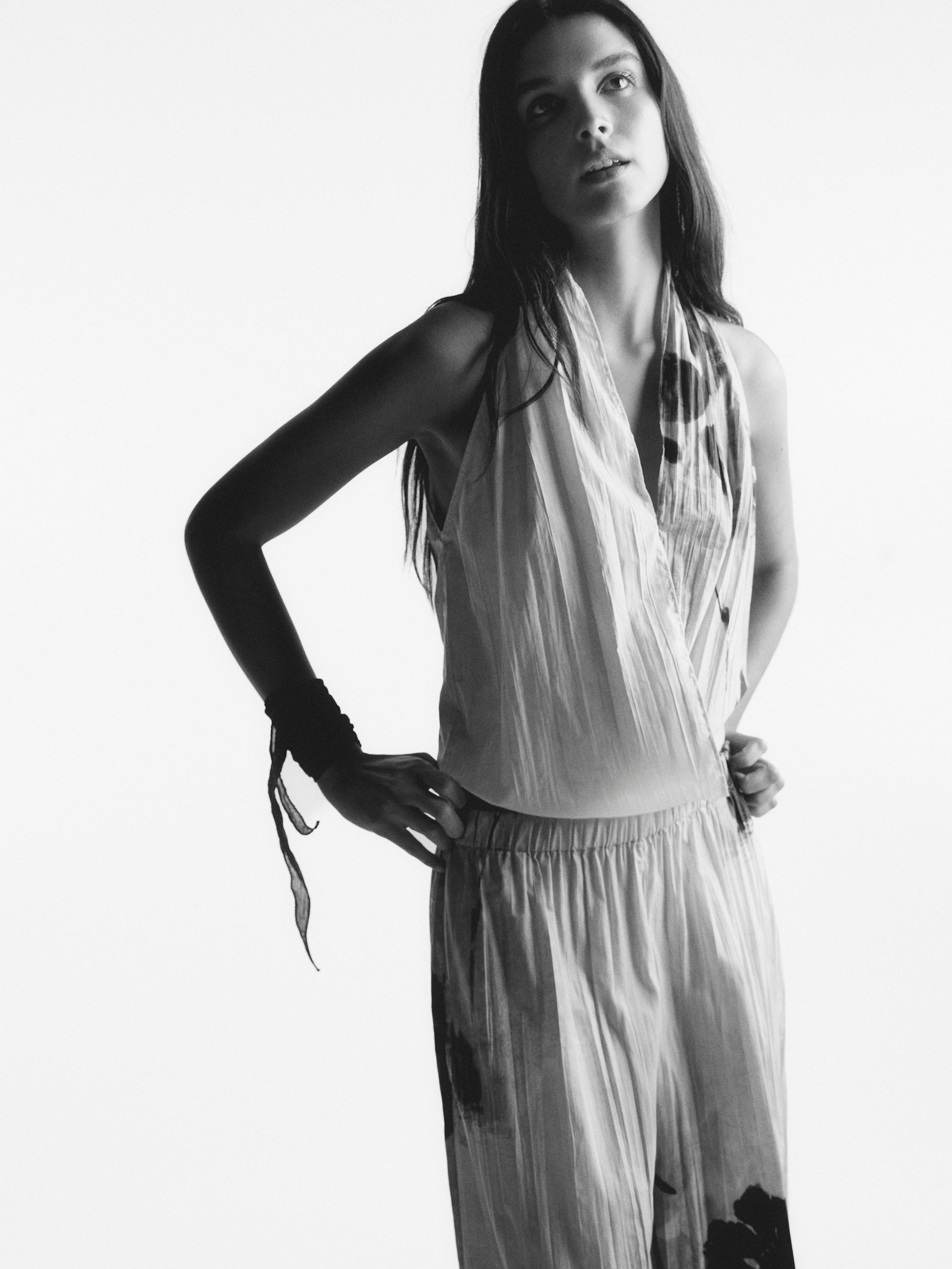 Printed surplice halter top