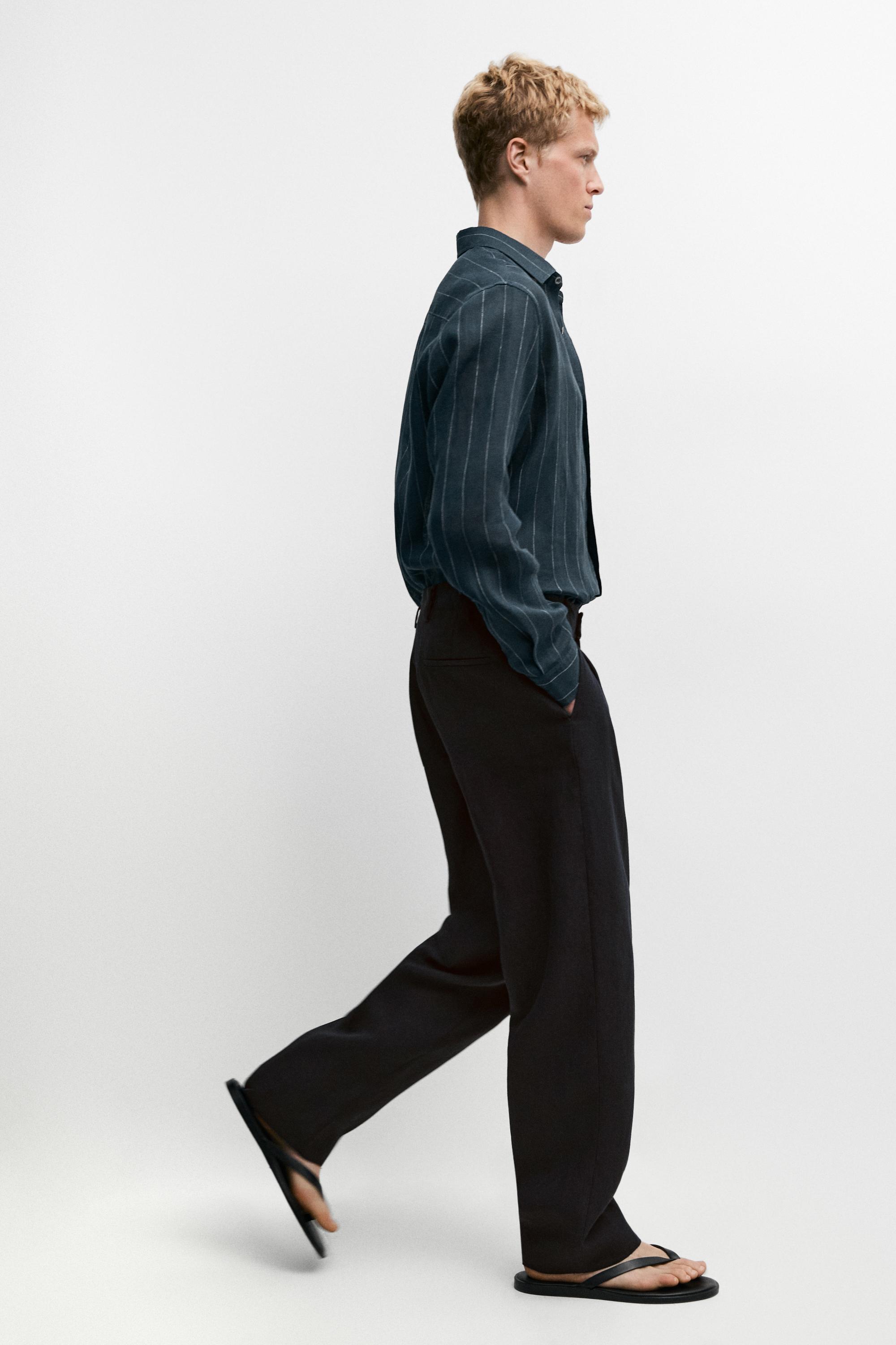 Regular fit striped 100% linen shirt — PETROL BLUE