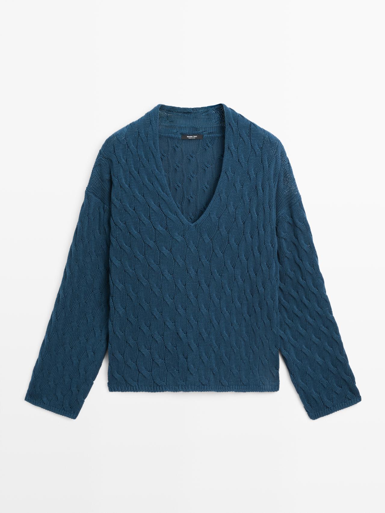 Massimo Dutti - Dame - Striktrøje Med Knudedetalje I Bomuldsblanding - Blå - M