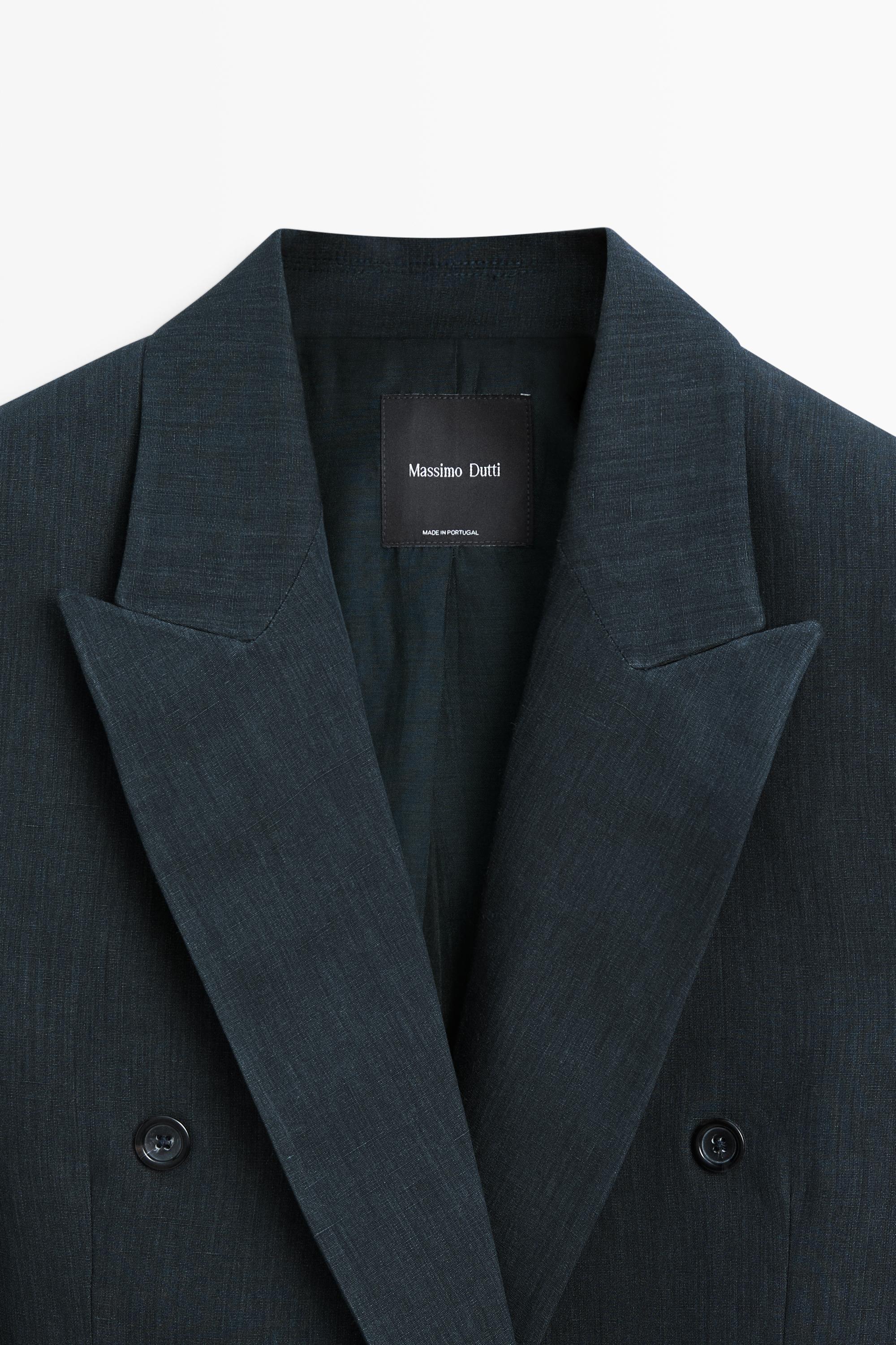 Melange linen blend double-breasted blazer — NAVY BLUE