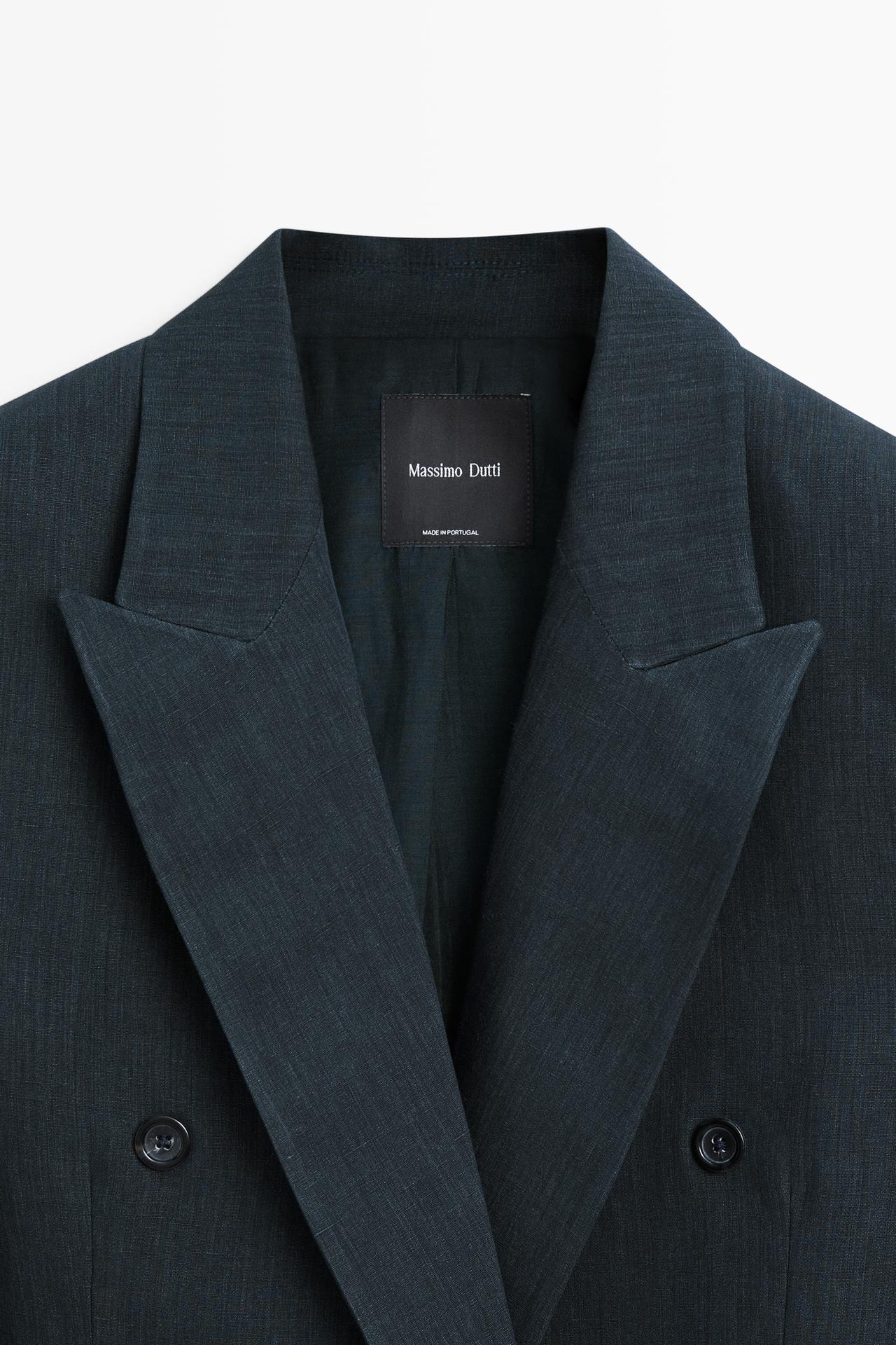 Double-breasted melange linen blazer — NAVY BLUE