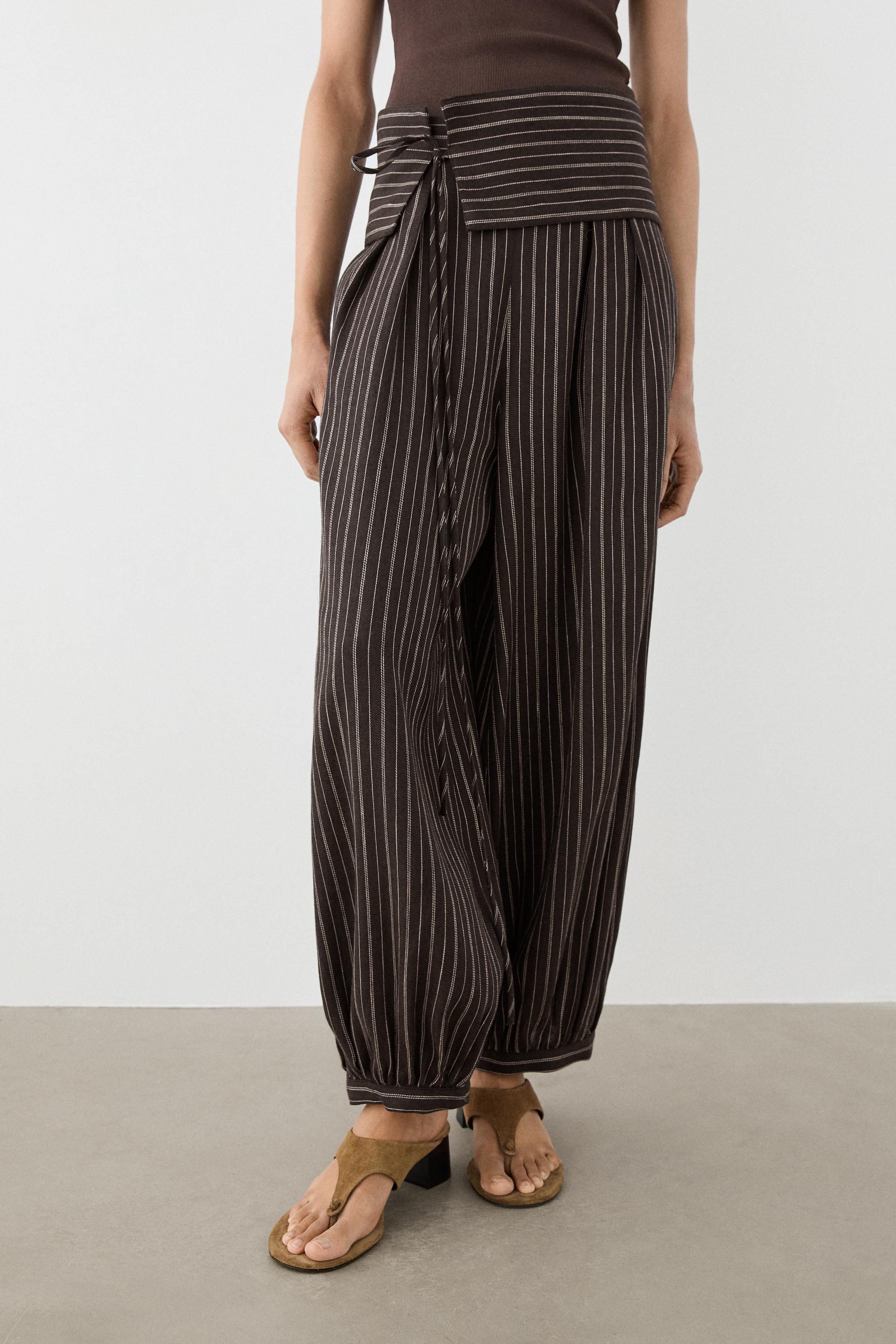 Striped sarouel trousers with cummerbund detail — BROWN