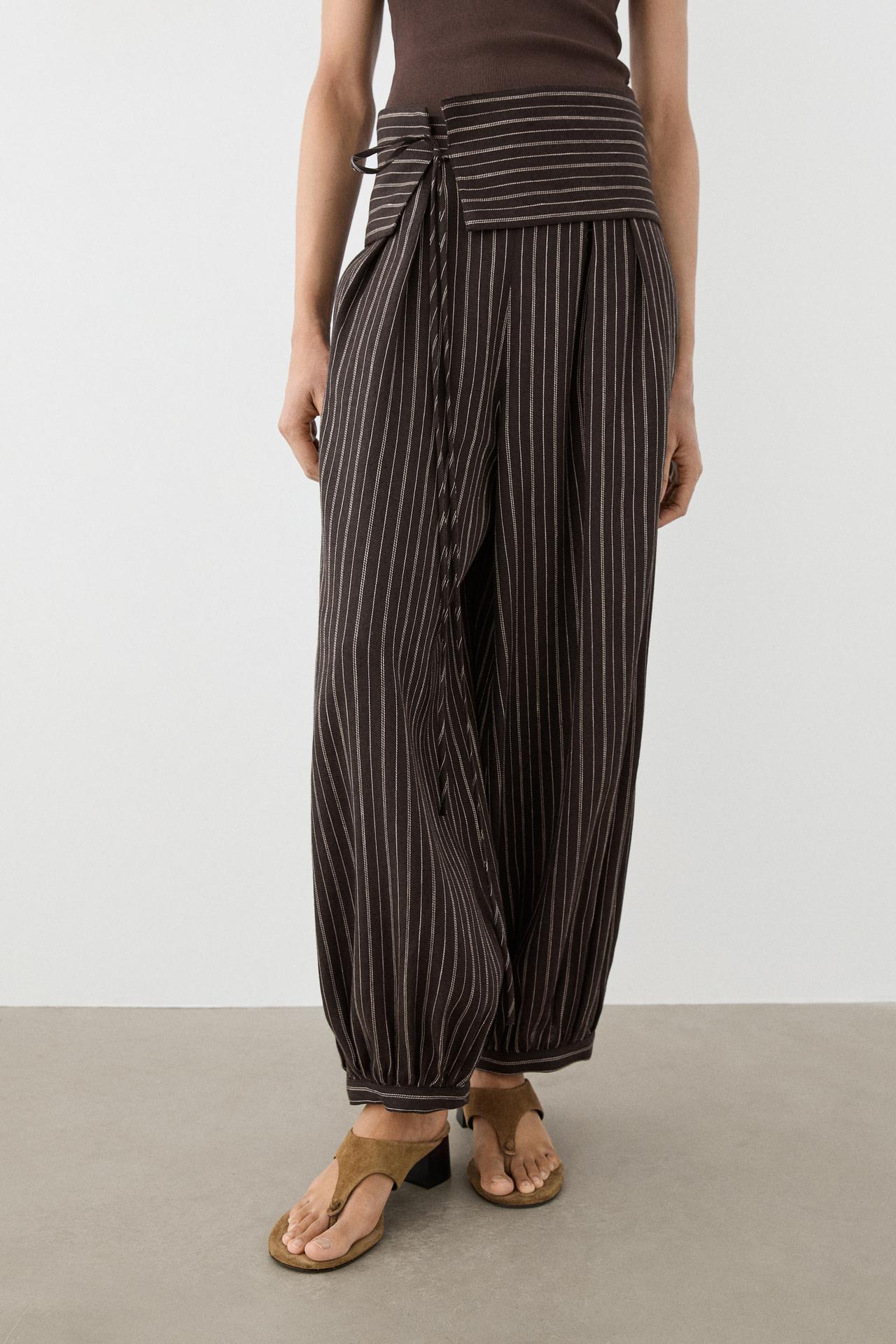 Striped sarouel trousers with cummerbund detail — BROWN
