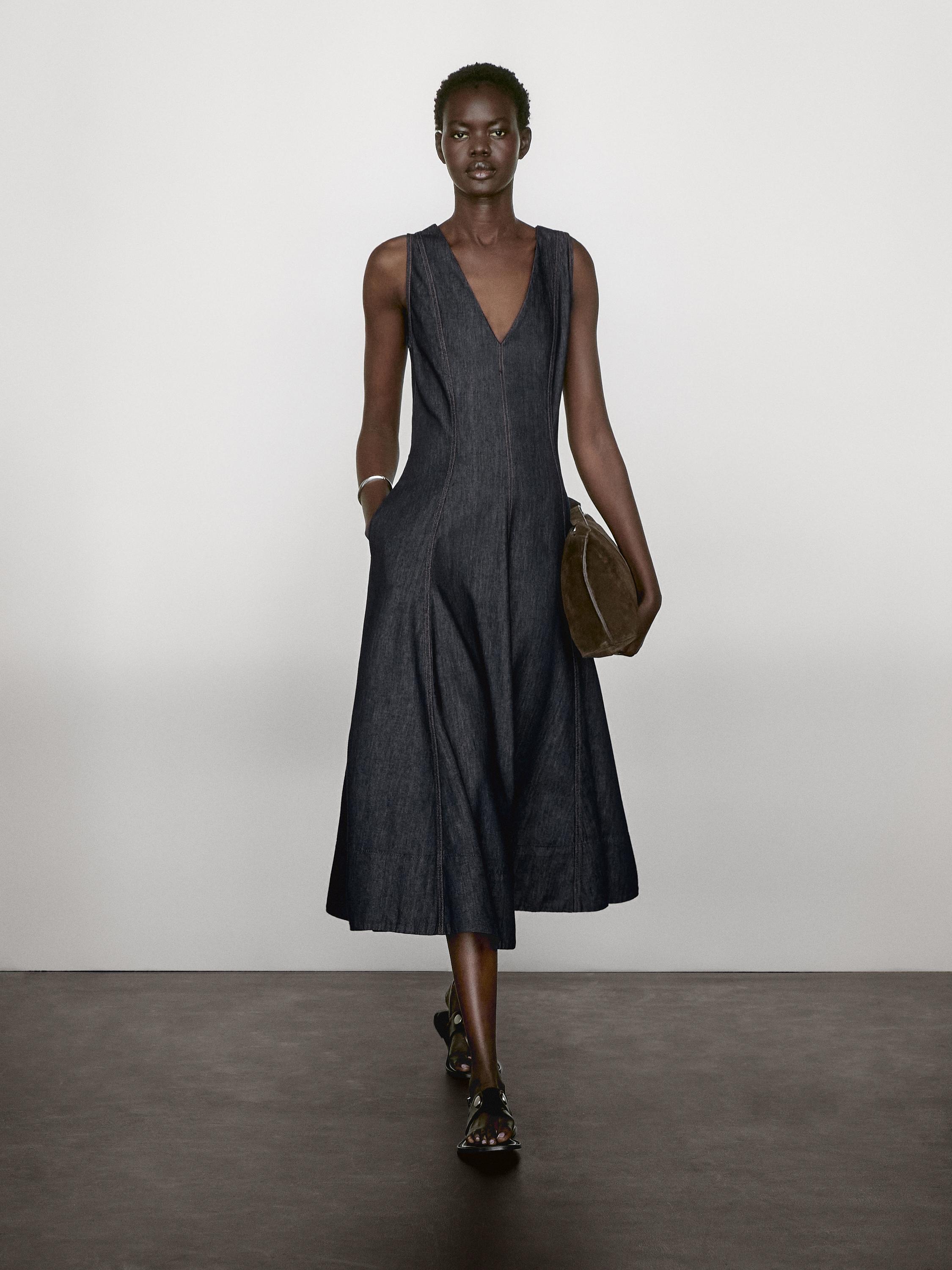 Long denim dress with seam details