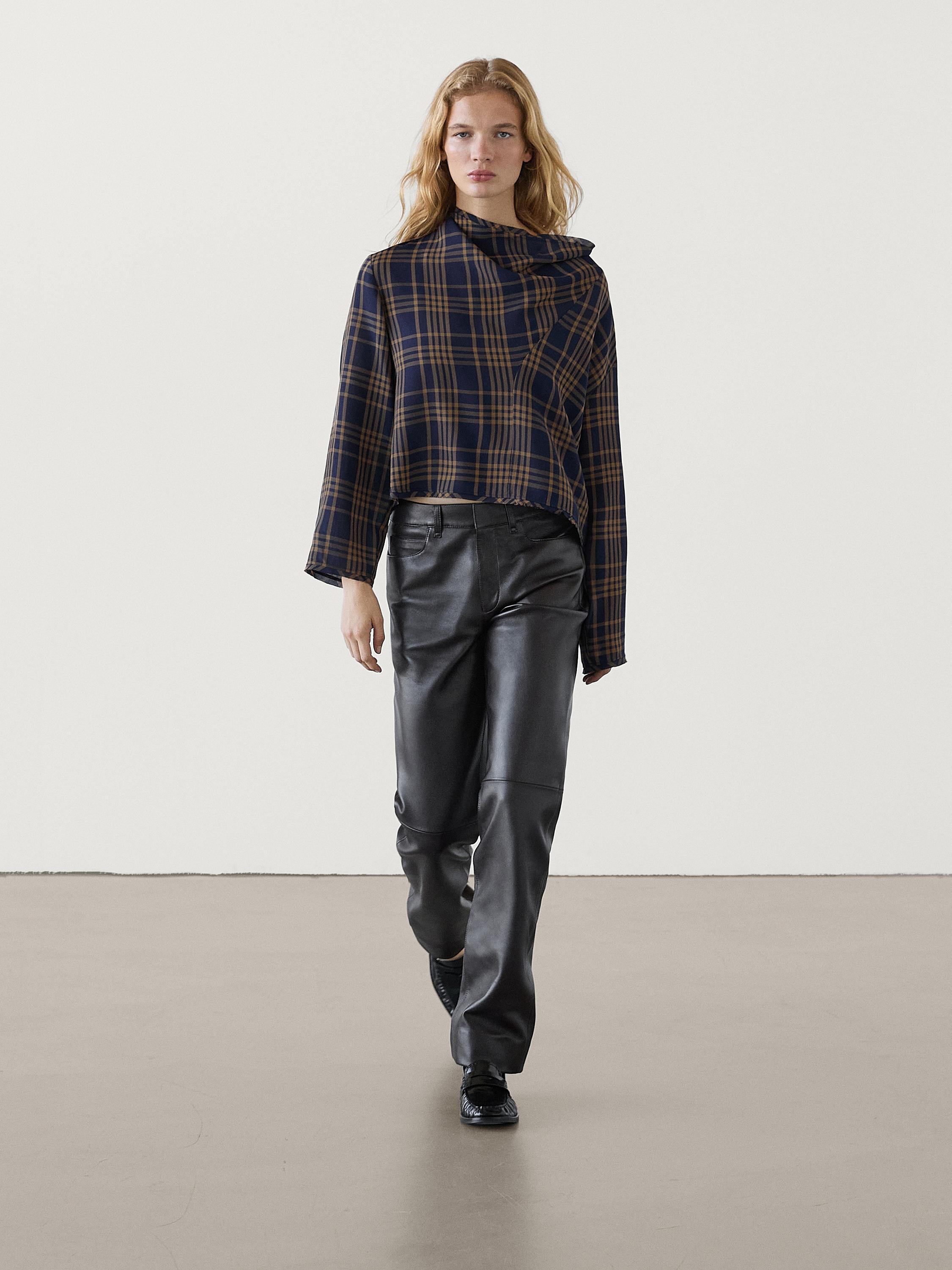 Plaid shirt with draped neckline