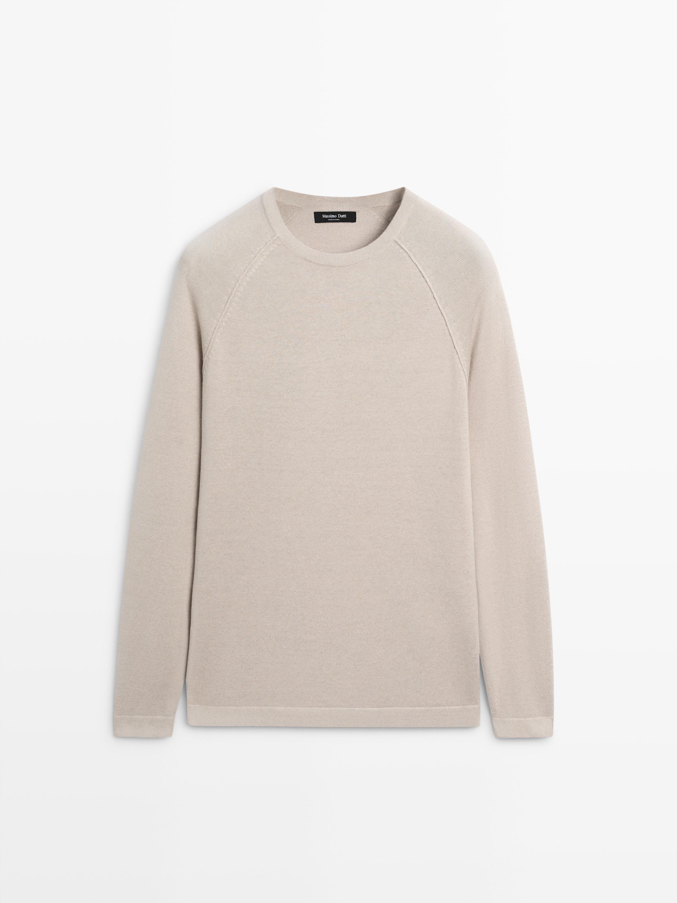 Linen blend knit crew neck sweater — BEIGE