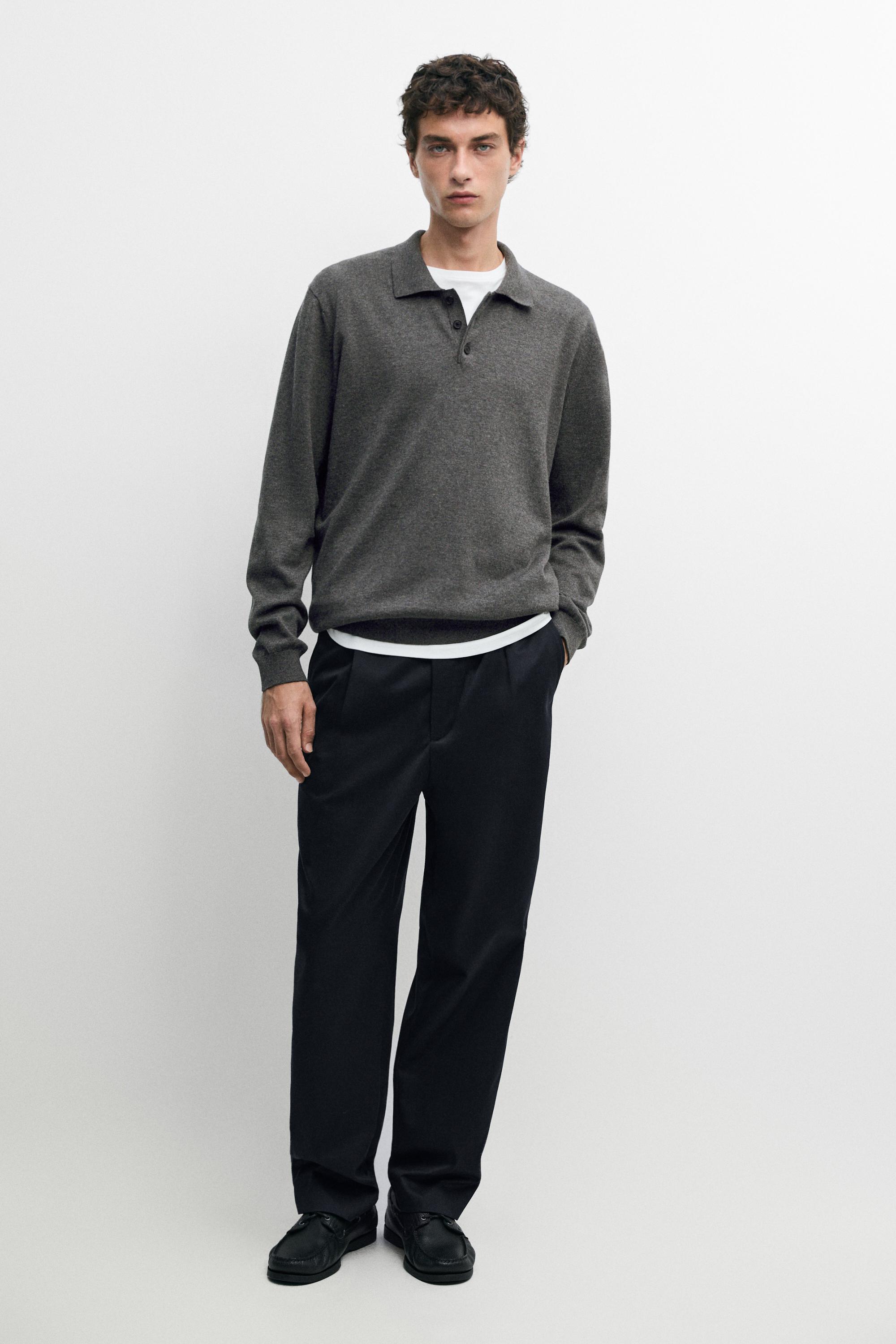 100% cotton knit polo sweater — CHARCOAL