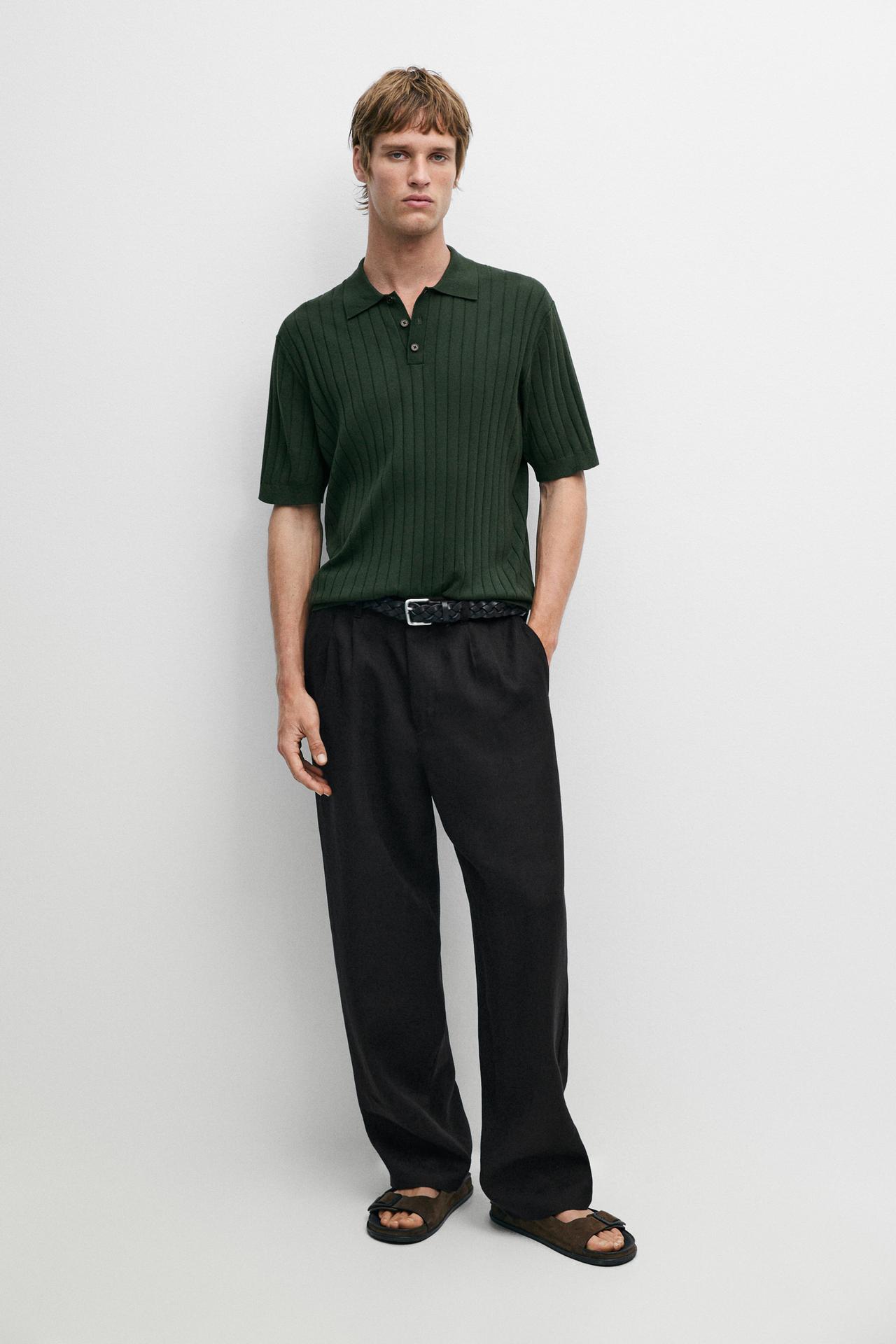 Ribbed knit cotton blend polo shirt — BOTTLE GREEN