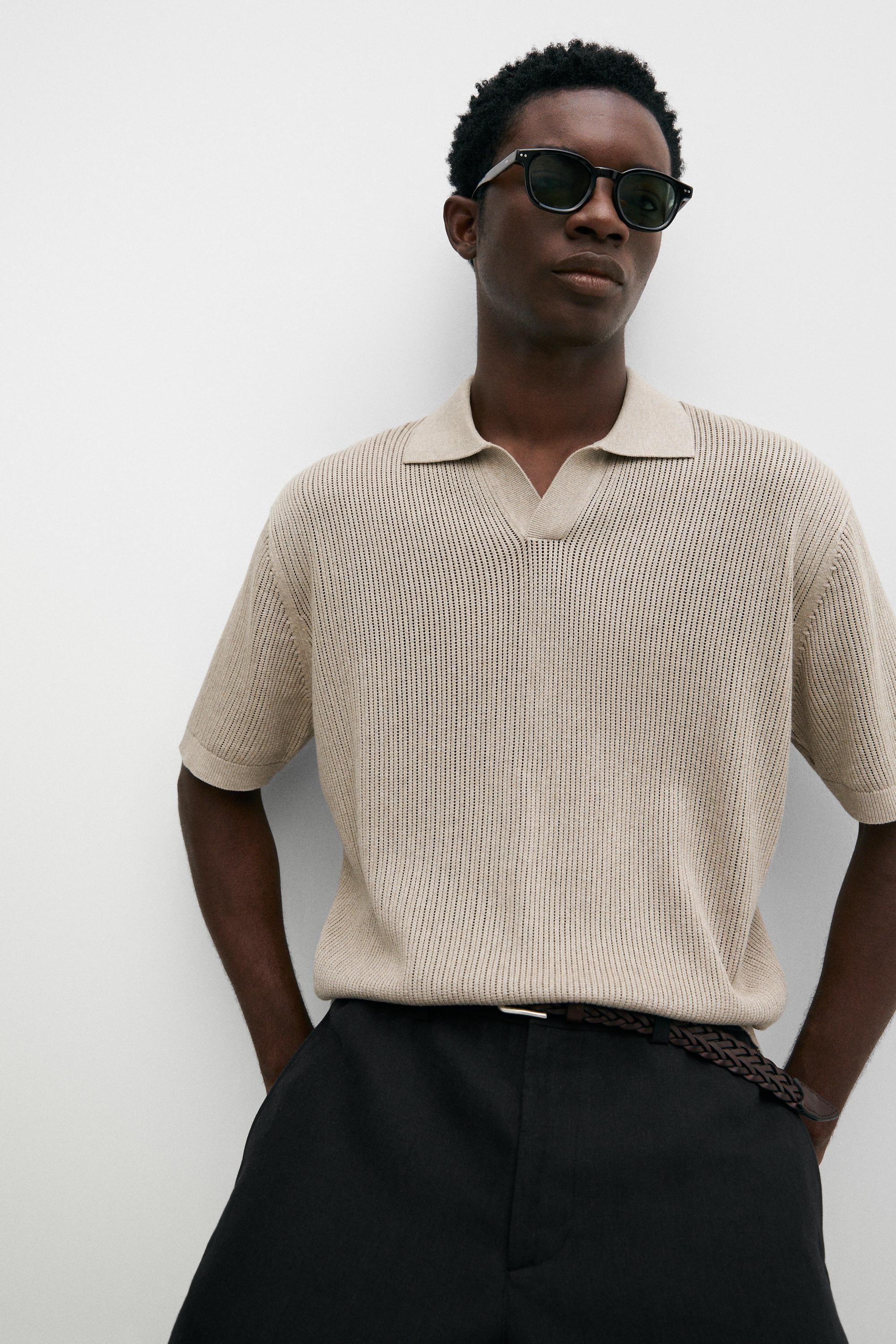 Cotton-blend V-neck knit polo shirt — MINK