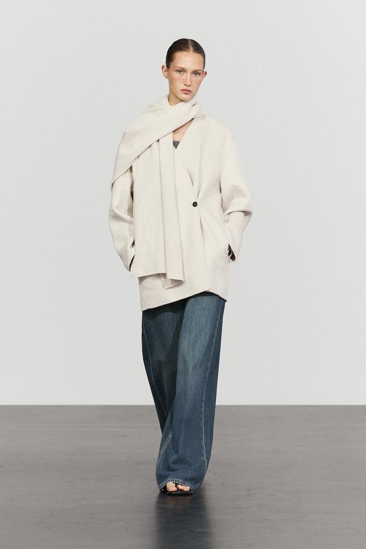 Wool-blend coat with scarf detail — BEIGE