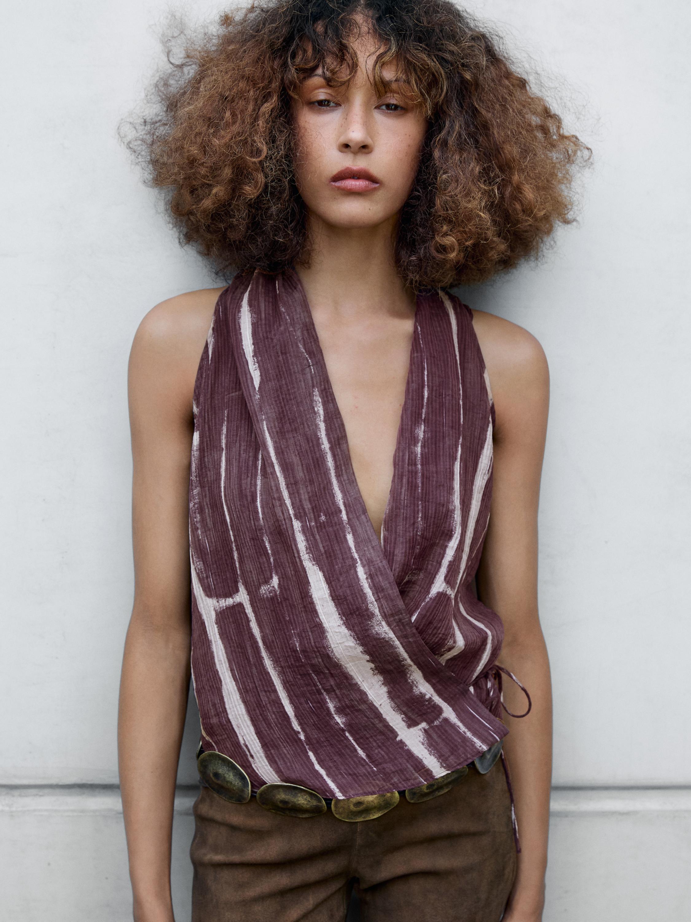 Stripe print crossover halter top