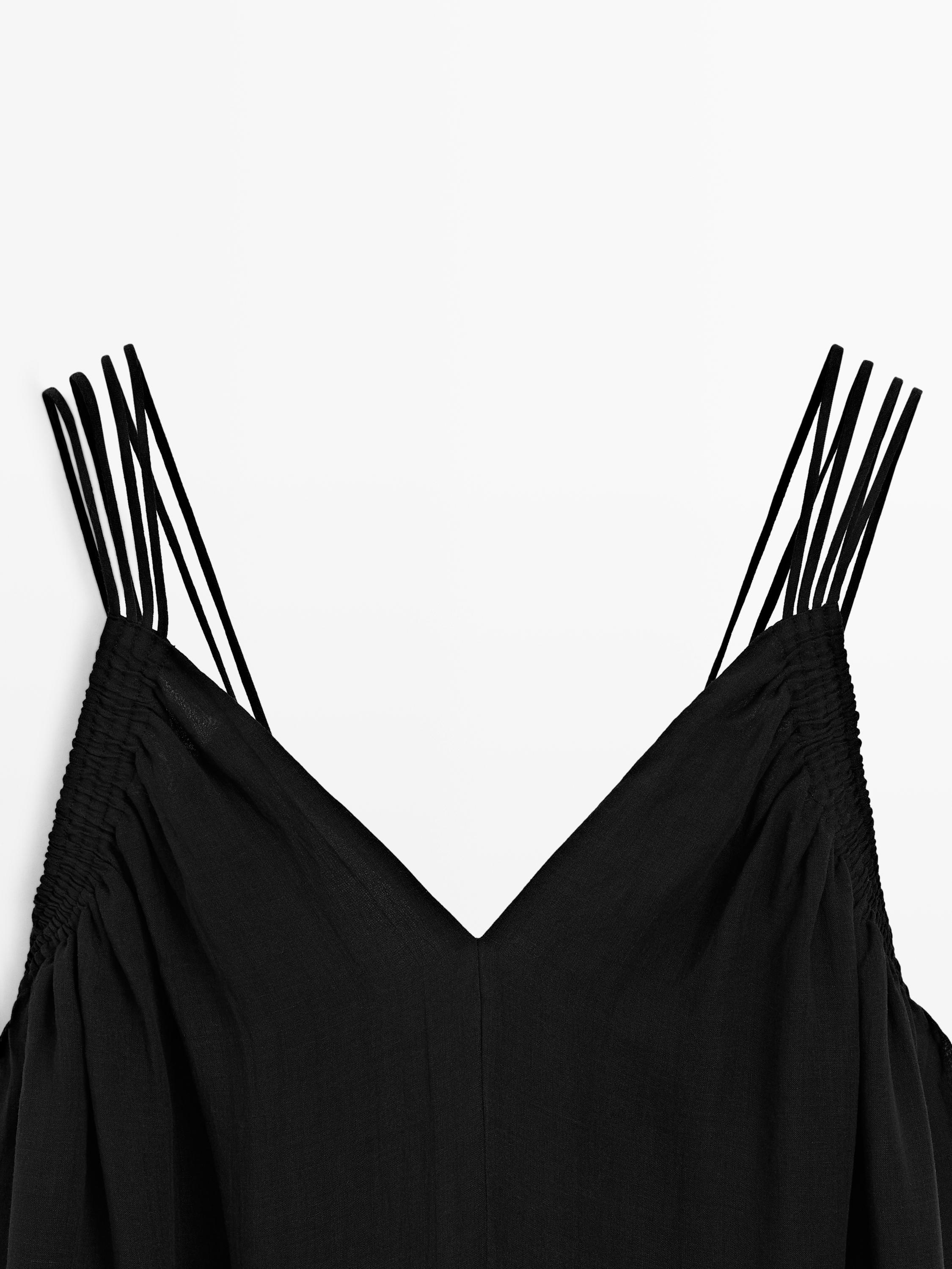 Ramie blend strappy midi dress — BLACK