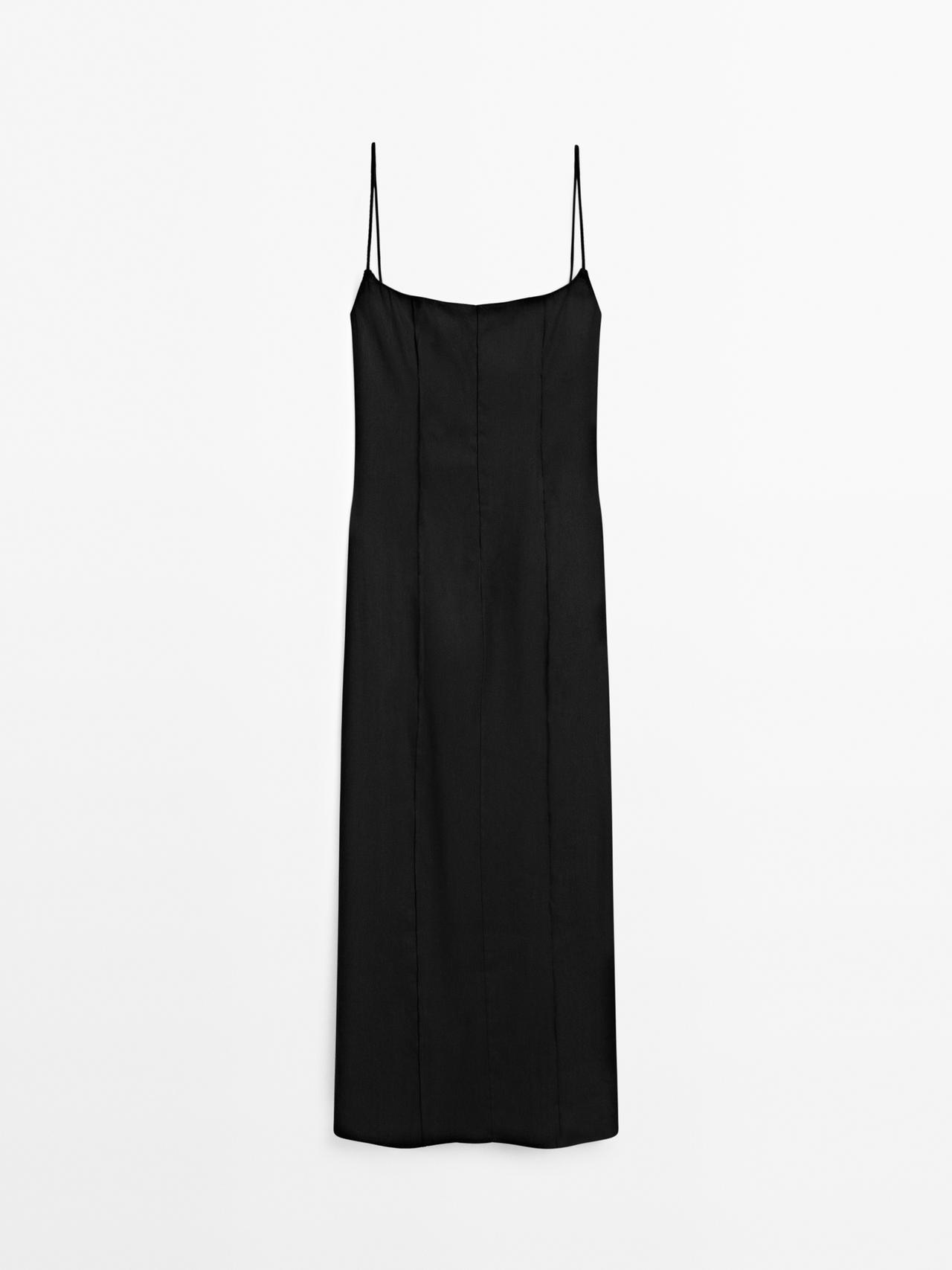 Massimo Dutti - Dame - Midikjole I Hør Med Stropper - Sort - 34