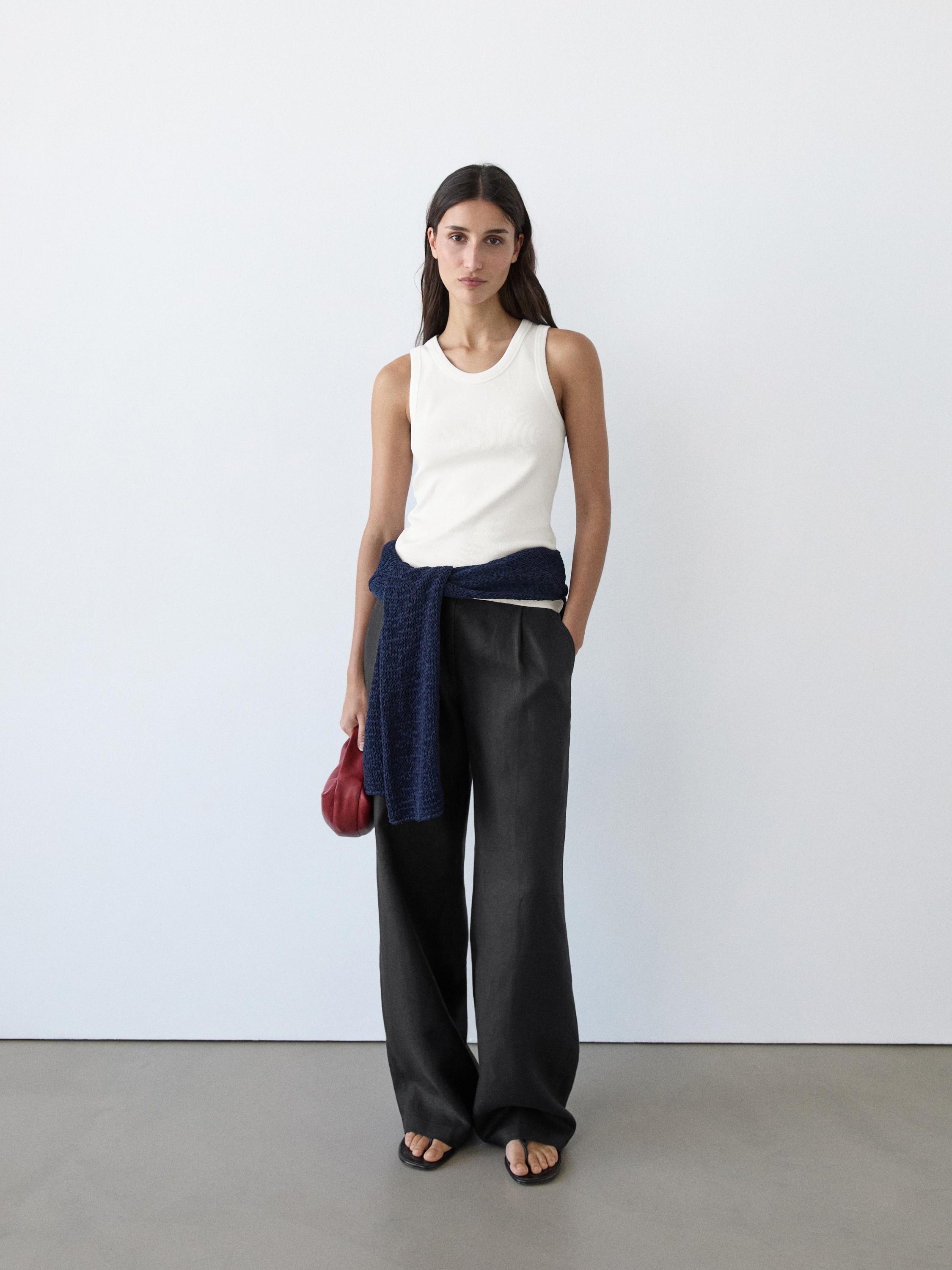 100% linen wide-leg elasticated trousers — BLACK