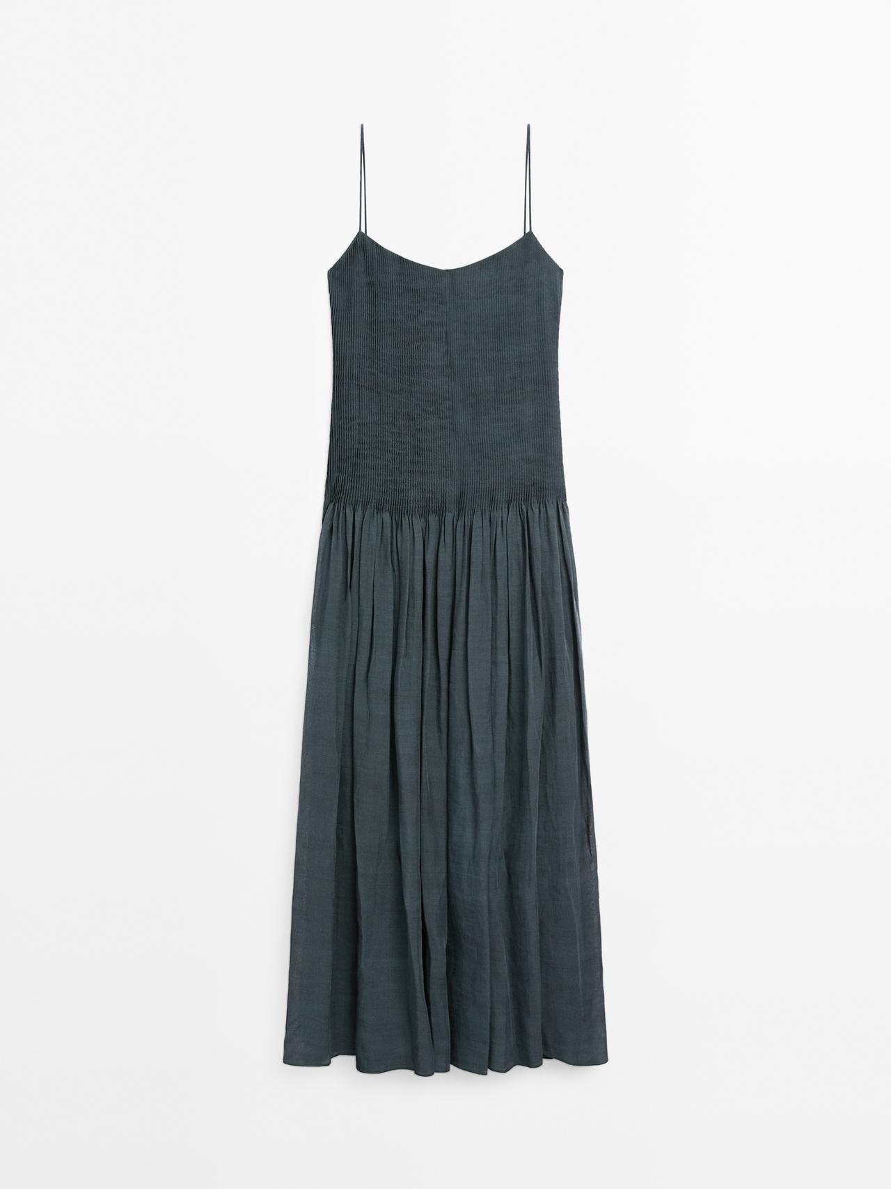 Massimo Dutti - Dame - Lang Kjole Med Svaj Og Biser - Petroleumsblå - 34