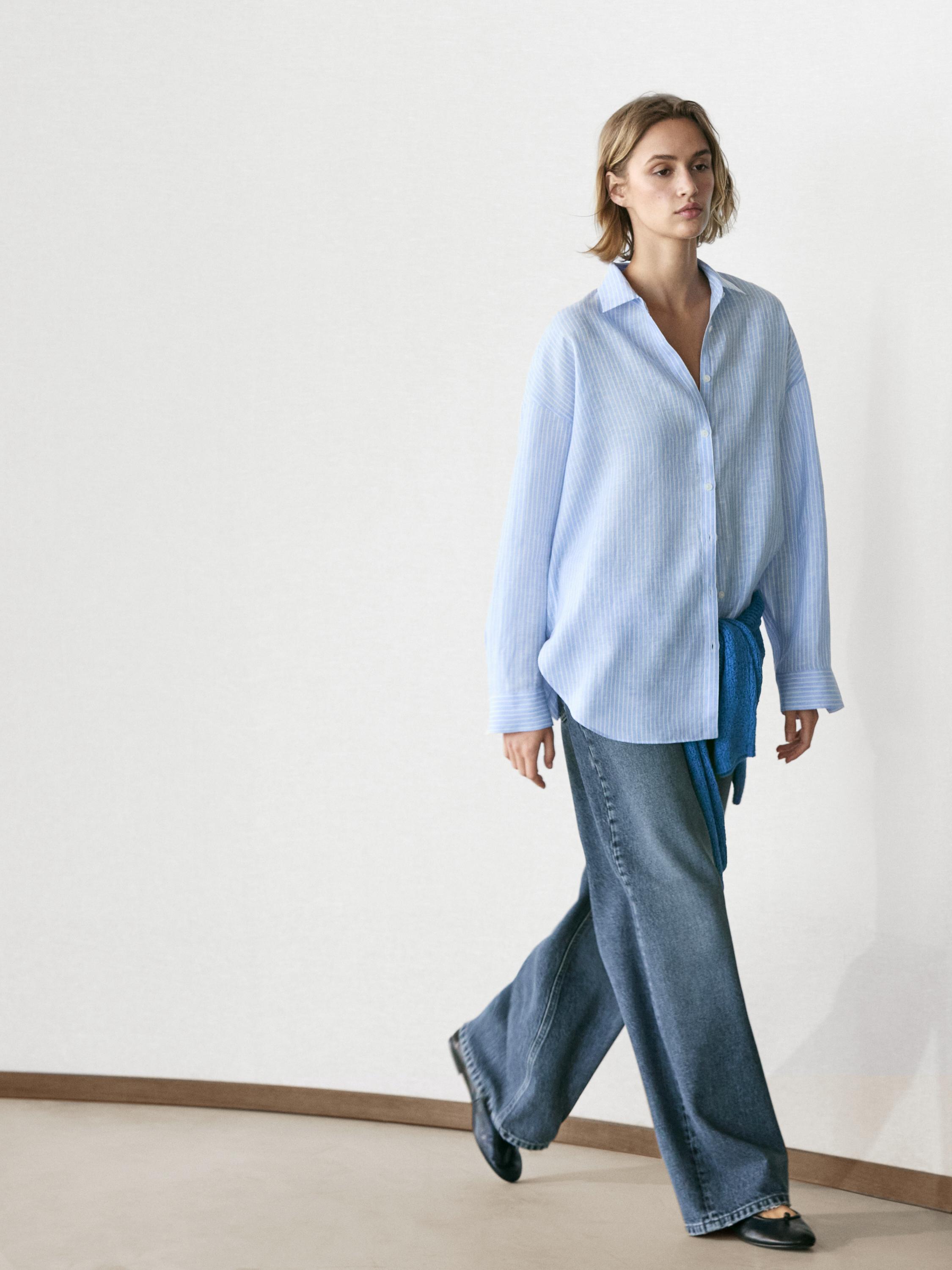 Flowing striped 100% linen shirt — SKY BLUE