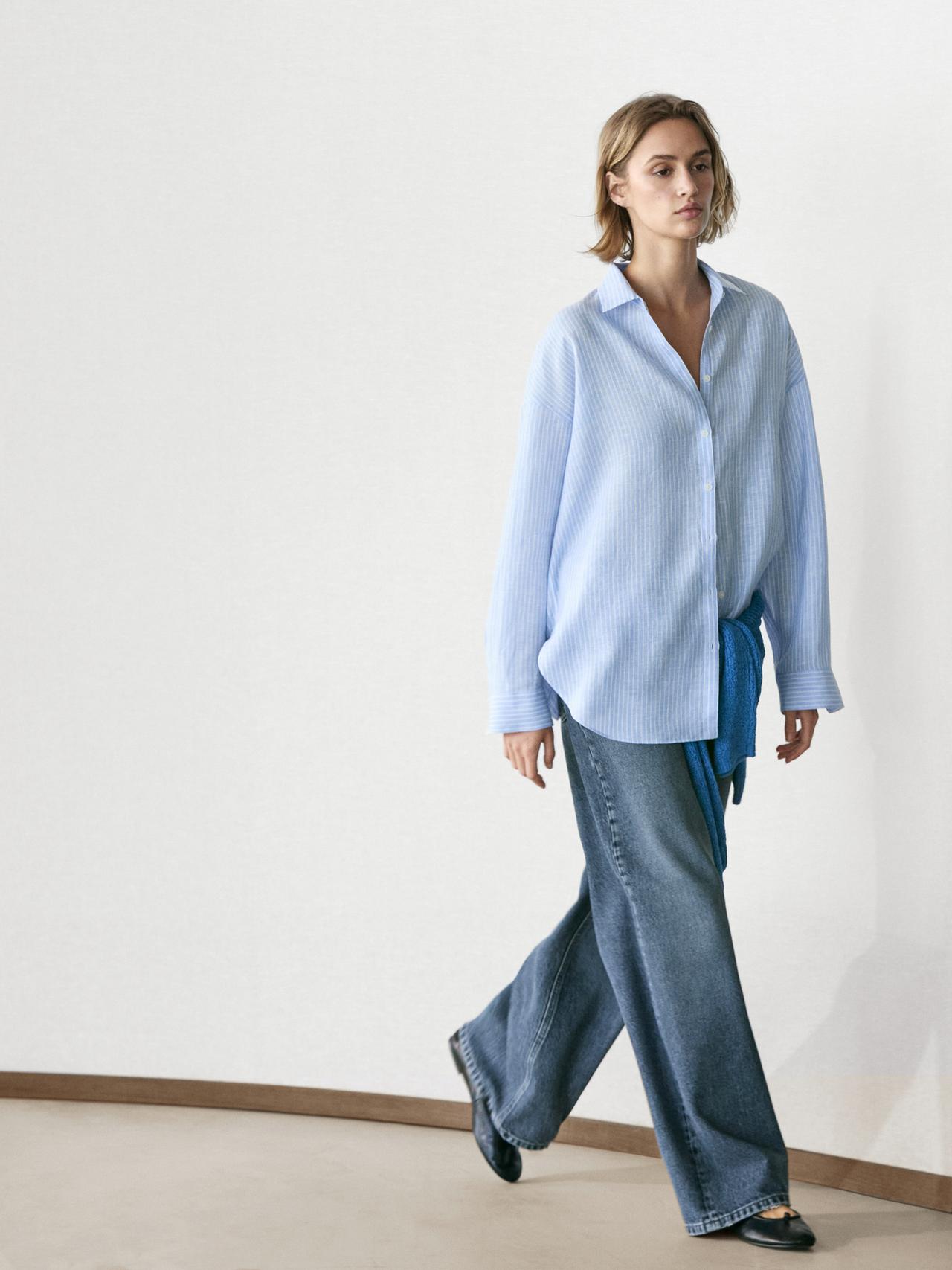 Flowing striped 100% linen shirt — SKY BLUE