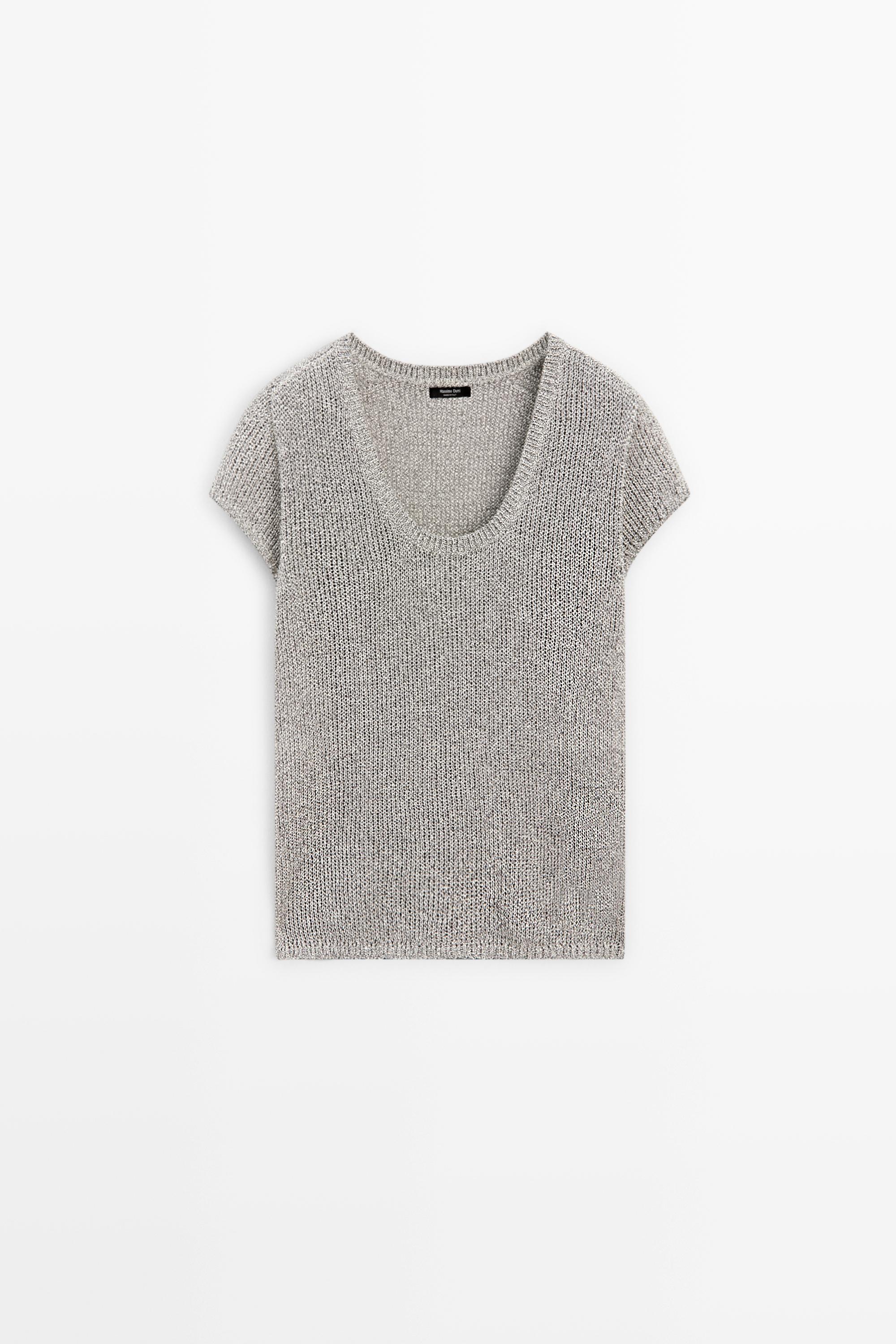 Short sleeve knit sweater with thread detail — PEARL GREY