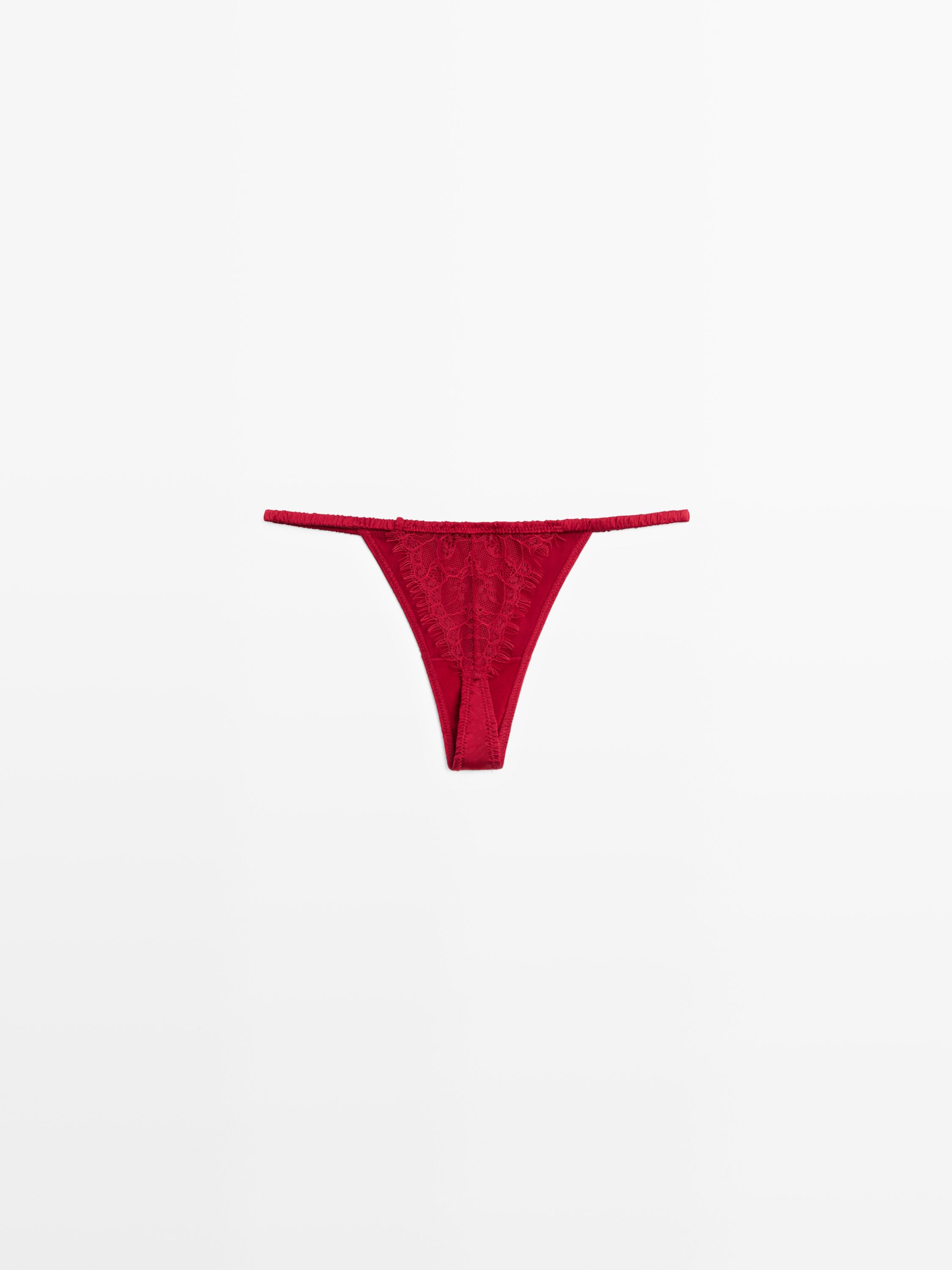 Silk thong with lace detail — RED