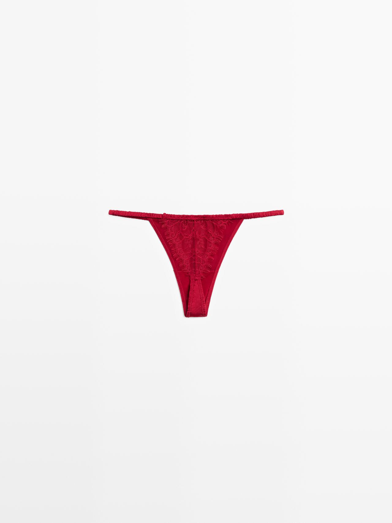 Silk thong with lace detail — RED