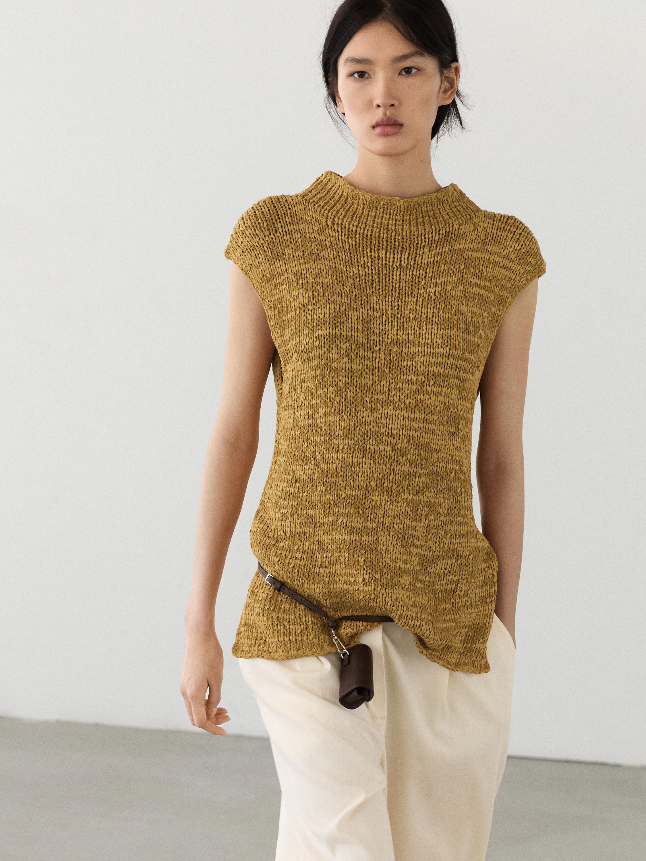 Cotton blend knit top — Curry