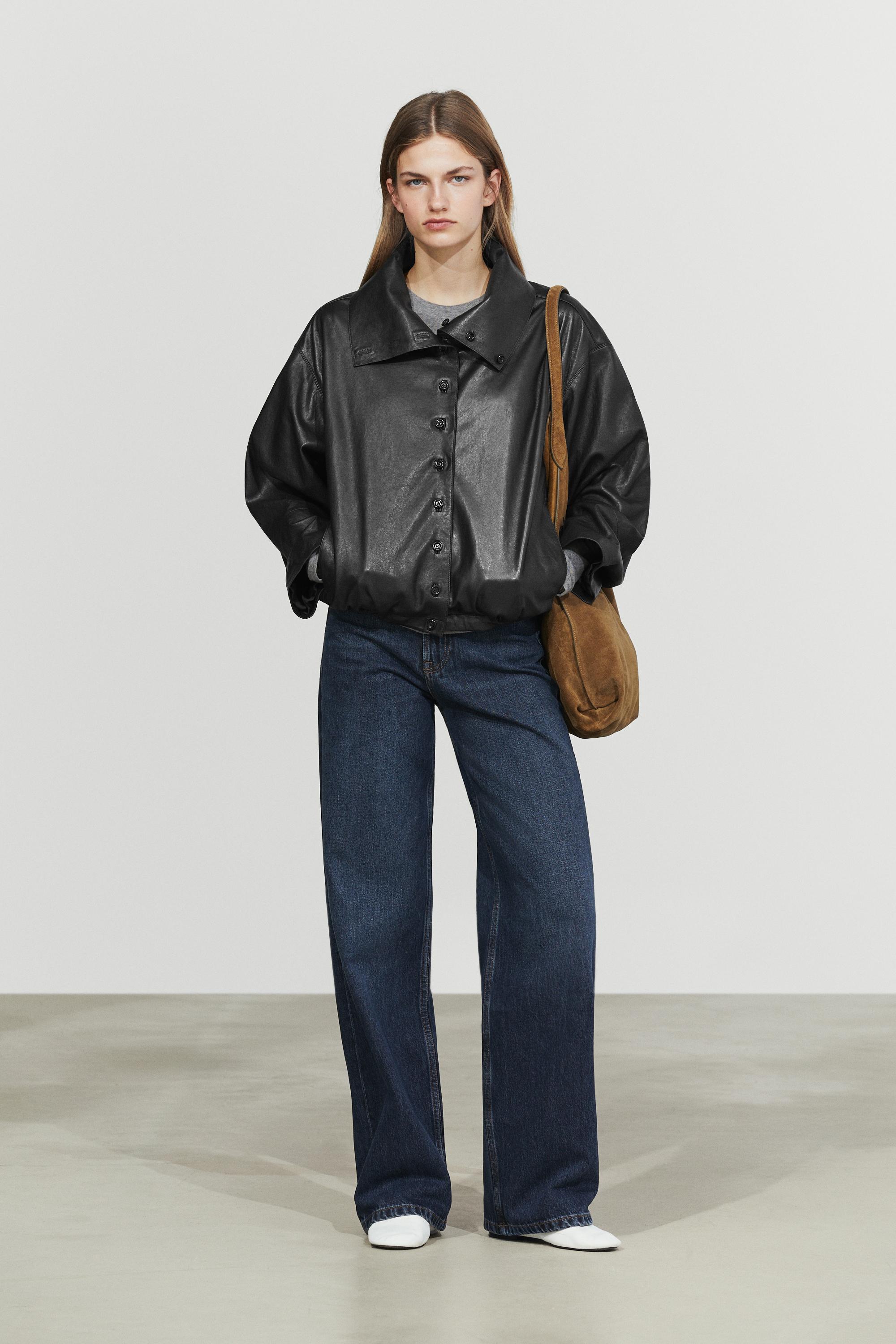 Nappa leather bomber jacket with button detail — BLACK