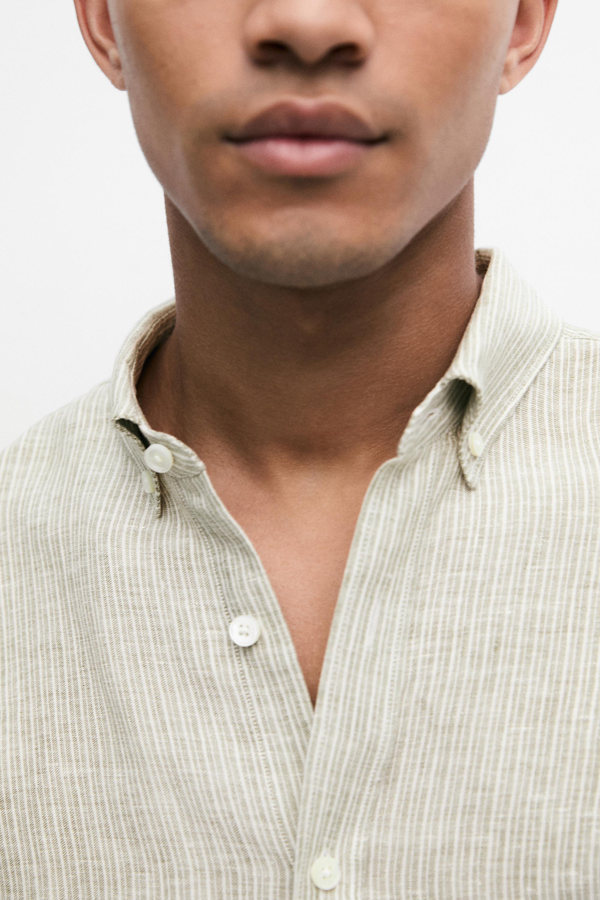 100% linen regular fit striped shirt — GREEN