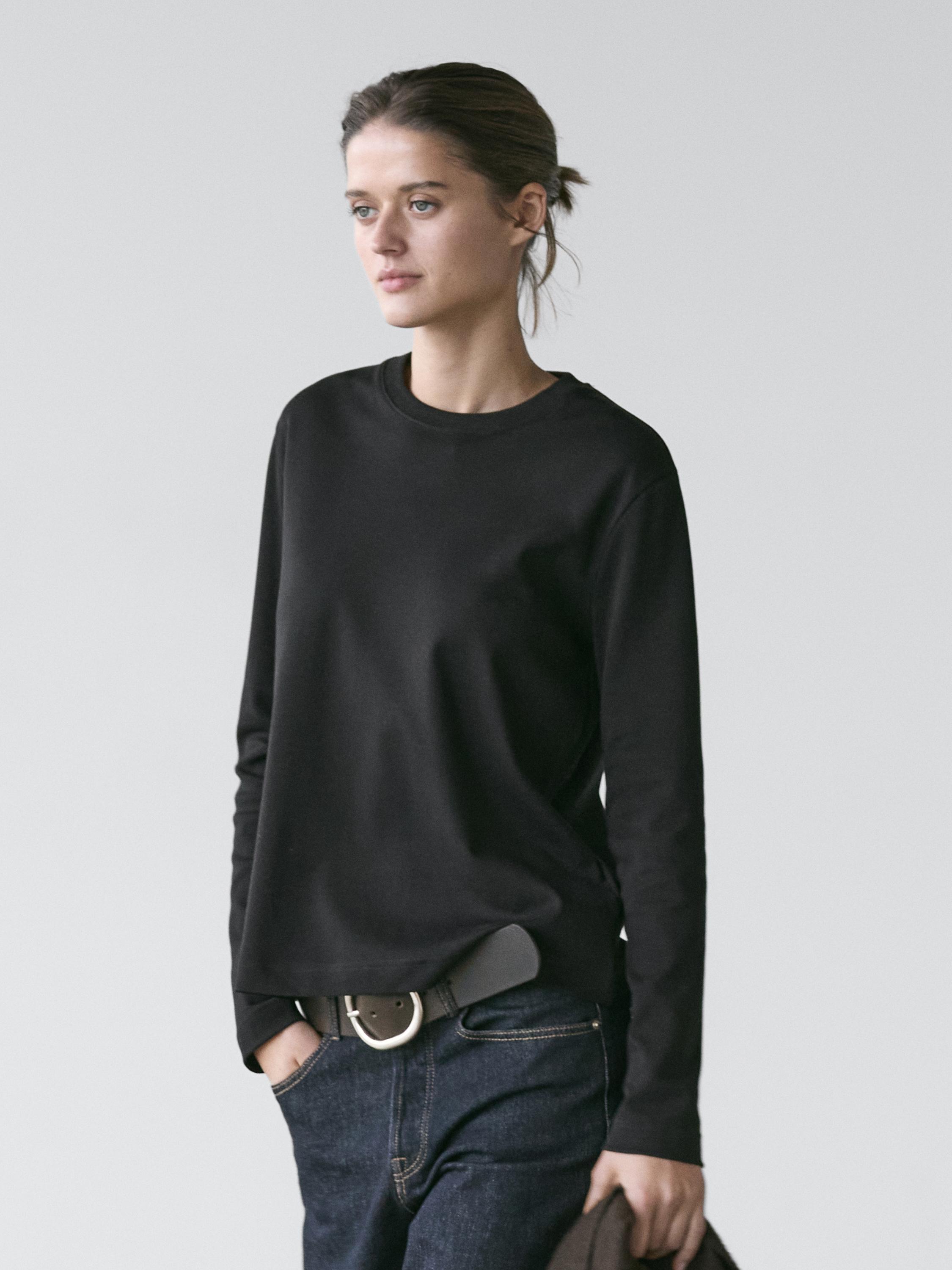 100% cotton interlock long sleeve T-shirt — BLACK