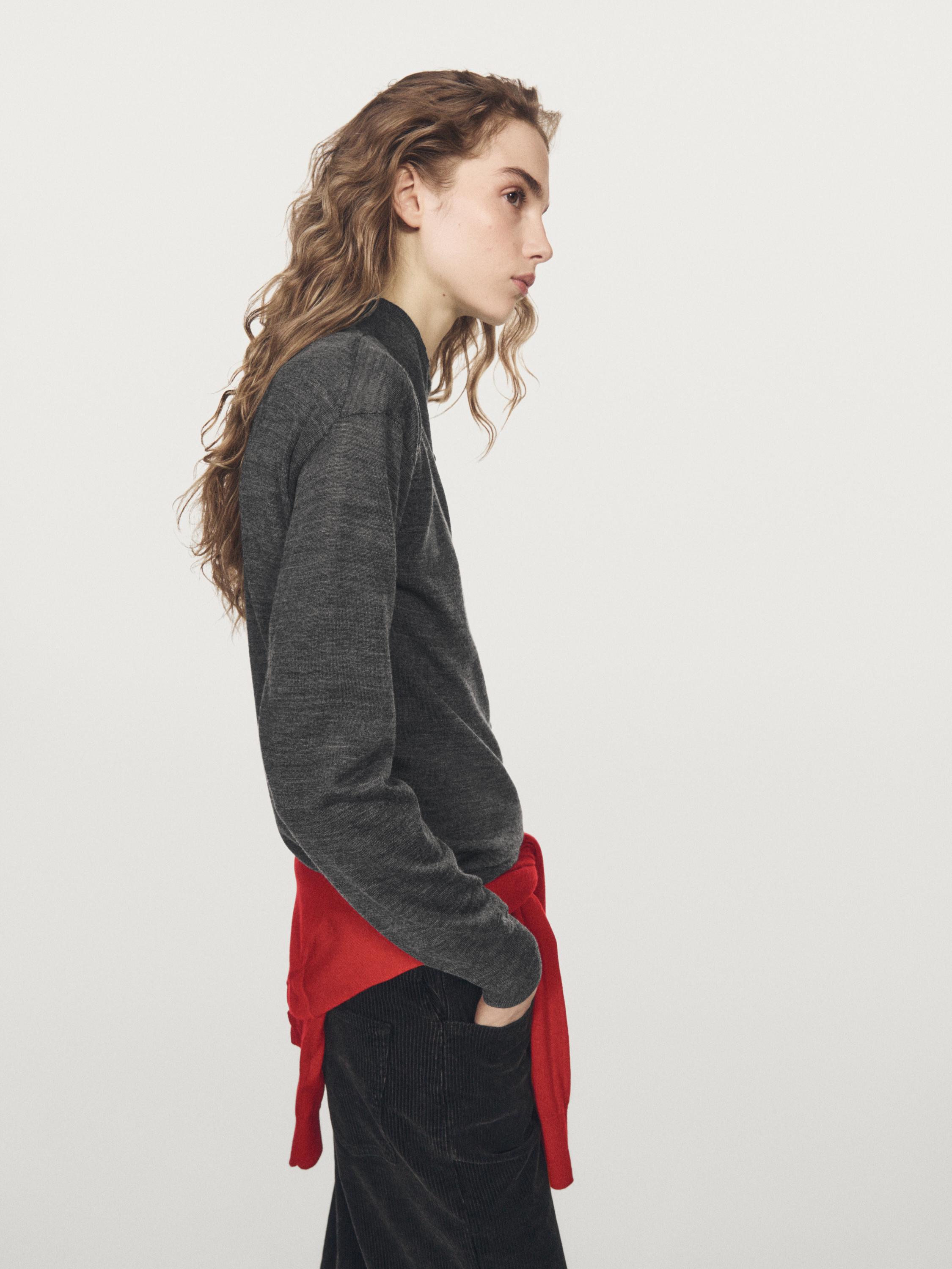 Mock turtleneck cardigan with covered buttons — MEDIUM GREY