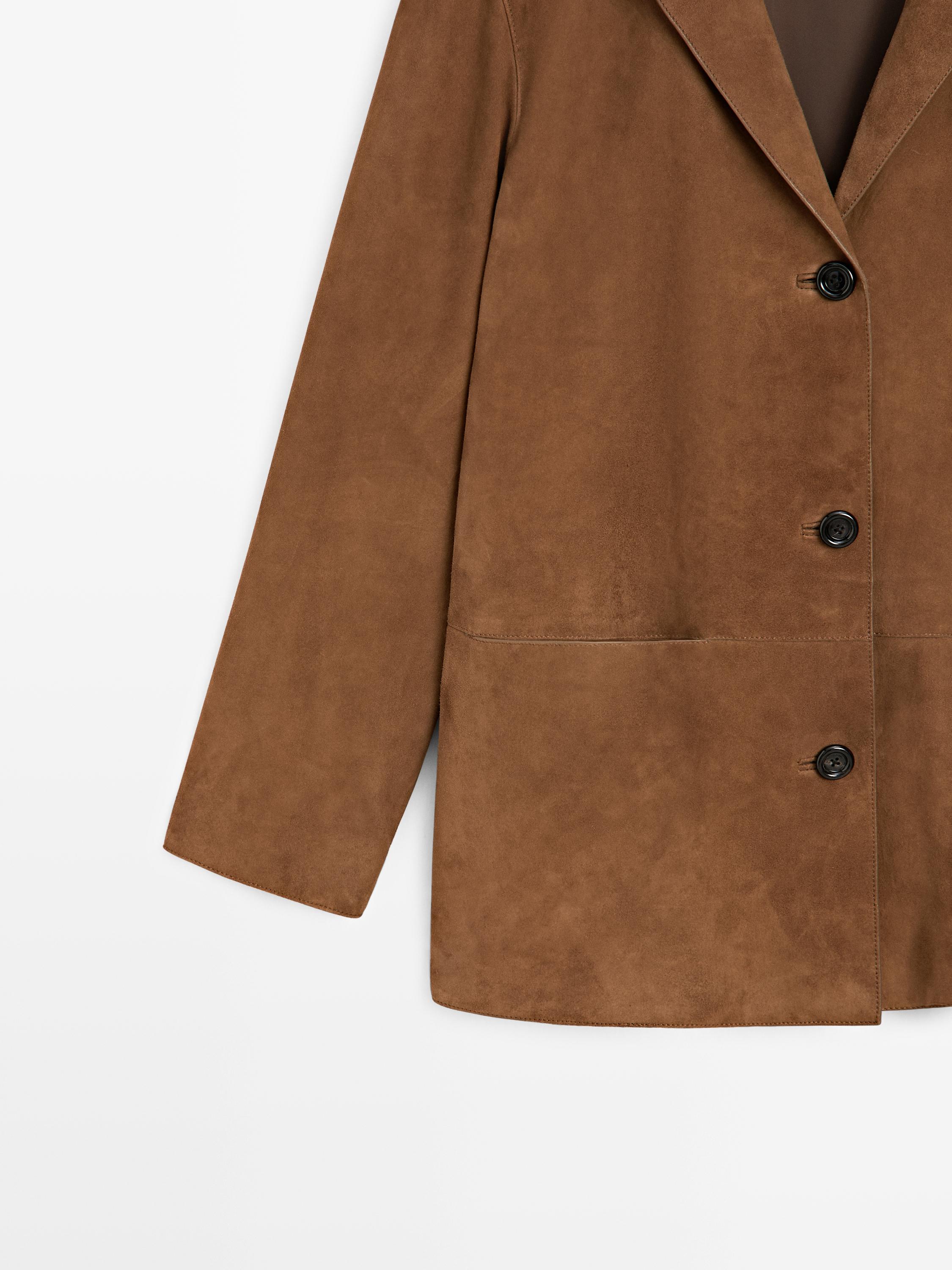 100% suede leather blazer with lapel collar — BROWN