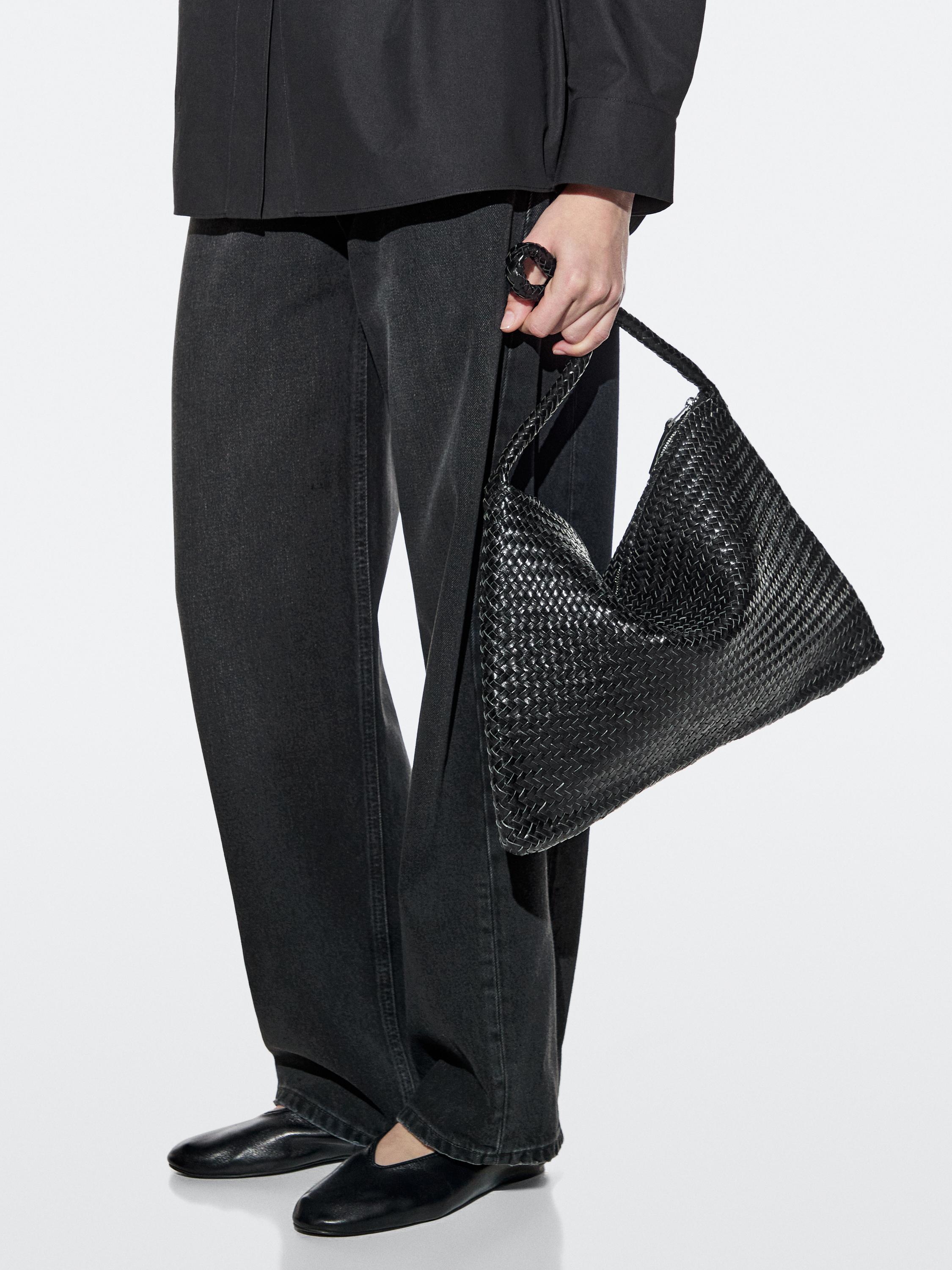 Mid-sized braided leather shoulder bag — BLACK
