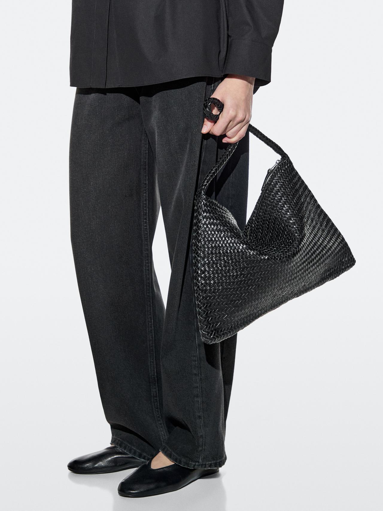 Mid-sized braided leather shoulder bag — BLACK