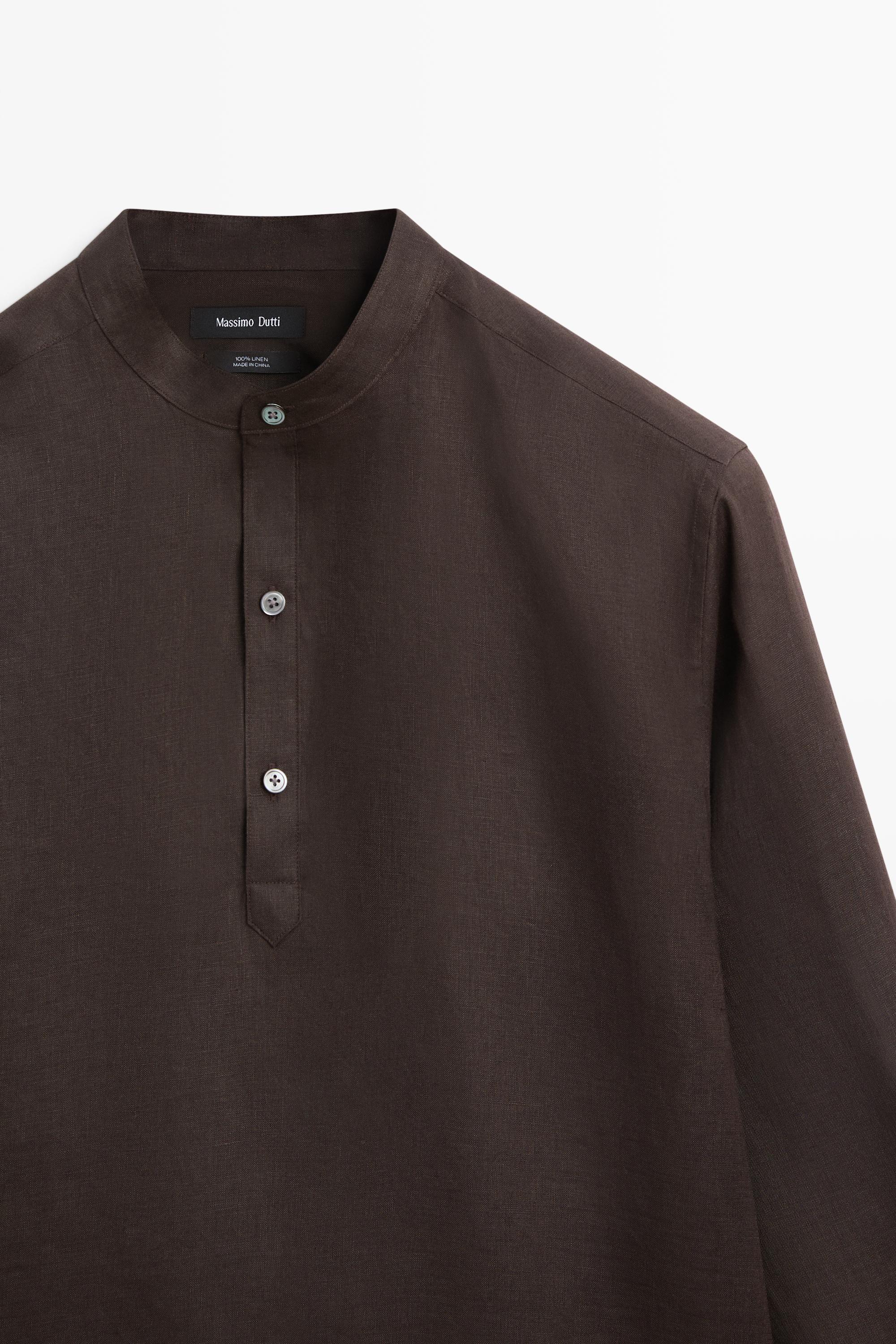 Regular fit stand collar 100% linen shirt — Chocolate